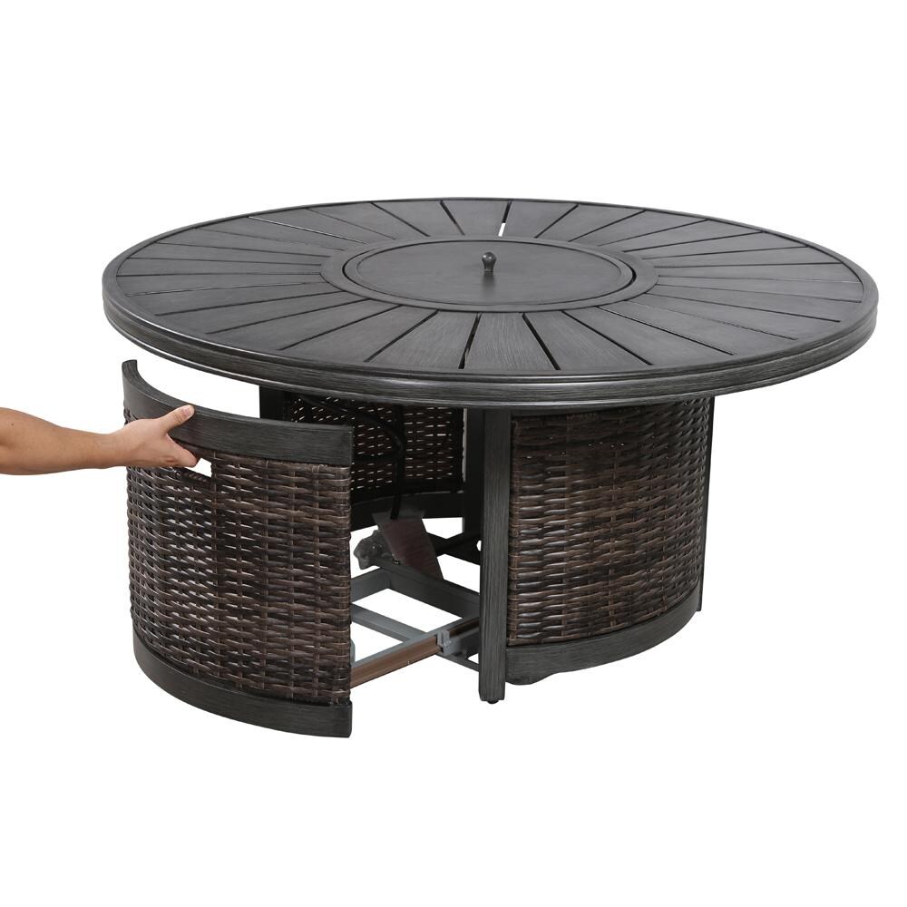 Ultimate Patio Ellisview 52 Inch Round Aluminum Propane Fire Pit Dining Table in Brown Wicker - Tank Storage Open - Lifestyle thumbnail