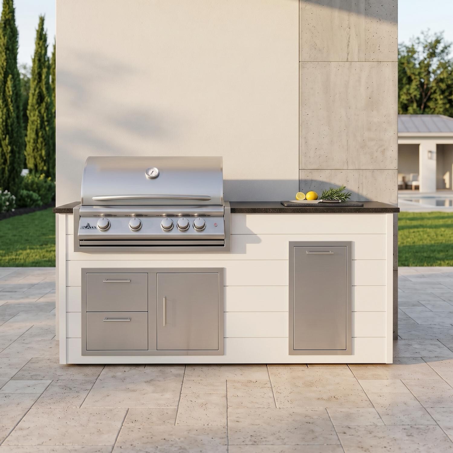 6-Foot Outdoor Kitchen Island w/ 32-in Propane Blaze LTE+ Grill & Narrow Trash Bin | Crystal White | Nero Mist Granite by BBQGuys Signature