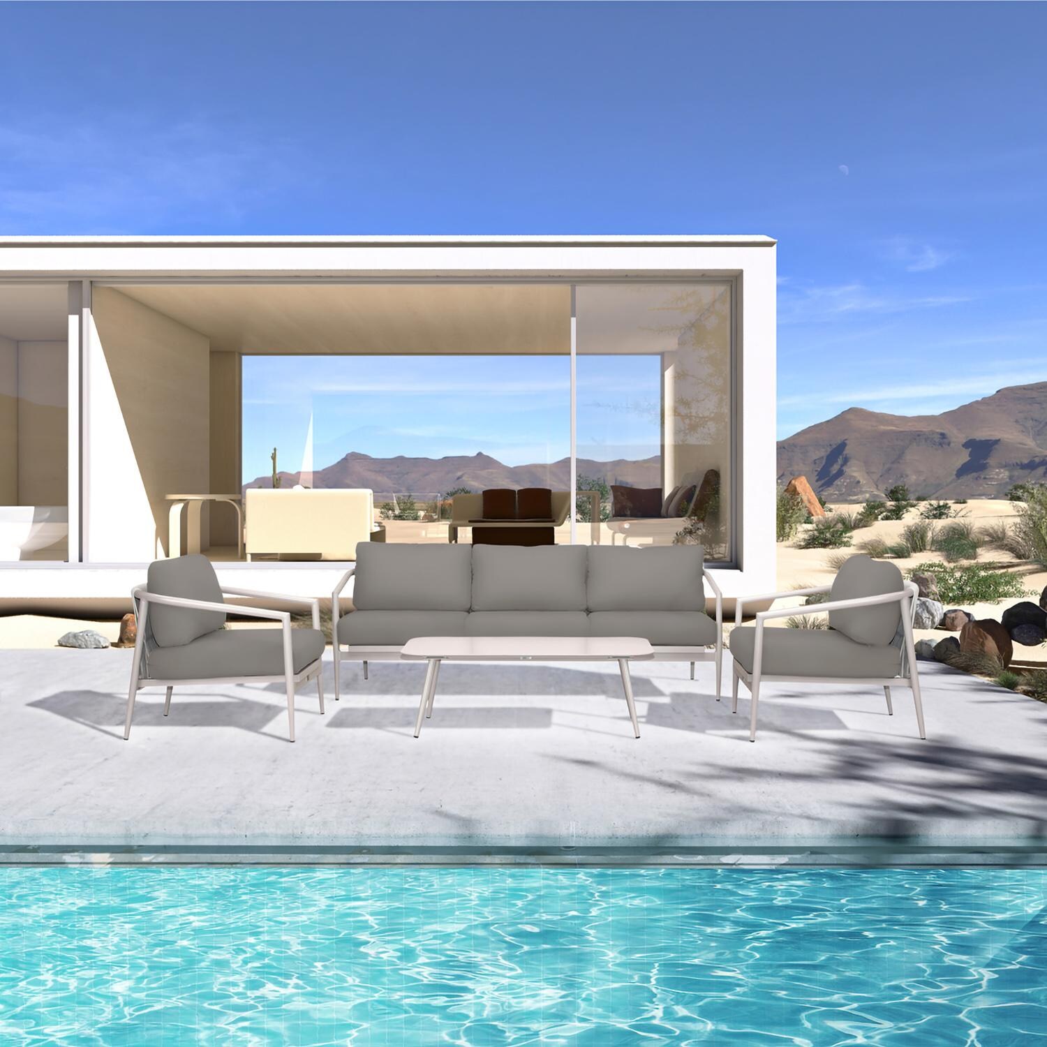 Midnight Cove 4 Pc Aluminum Seating Set w/ Sofa in Urban Stone/Canvas Charcoal by Lakeview Outdoor Designs