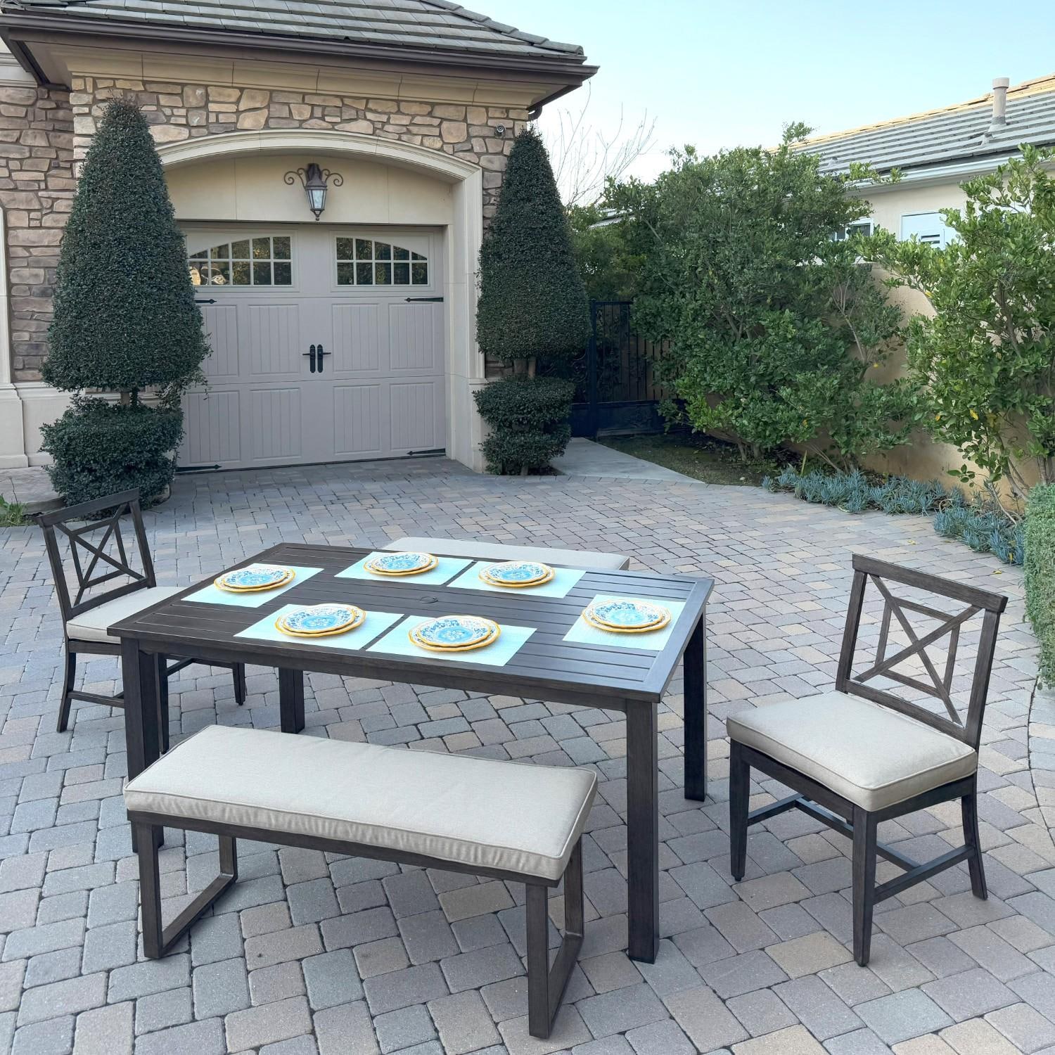 Darlee Atlantis 5 Pc Aluminum Dining Set w/ 2 Dining Side Chairs & 2 Two Person Benches in Walnut/Beige by - B/2358-5PCBD-RE-Beige