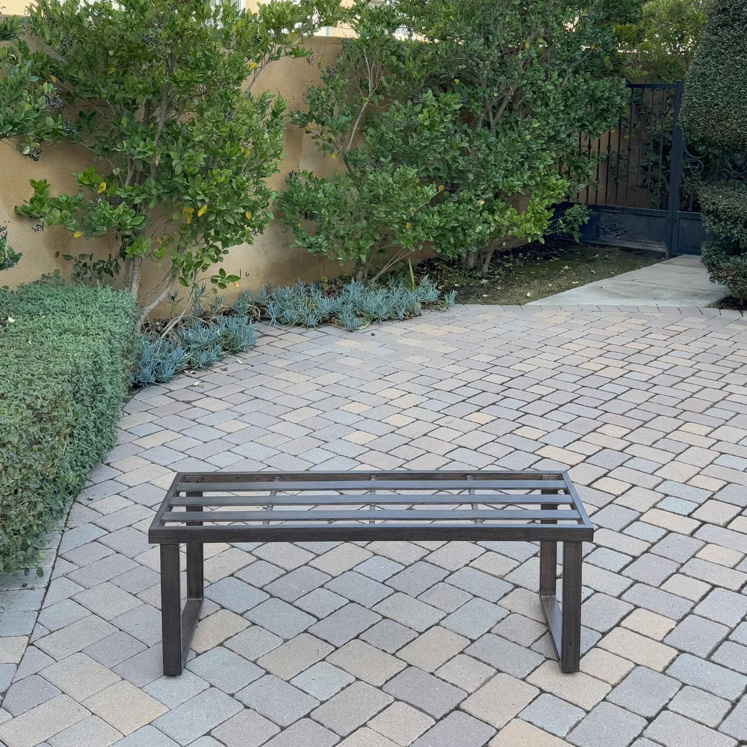 Atlantis 5 Pc Aluminum Dining Set w/ 2 Swivel Rocker Dining Arm Chairs & 2 Two Person Benches in Walnut/Beige by Darlee - Bench w/o Cushion - Lifestyle thumbnail