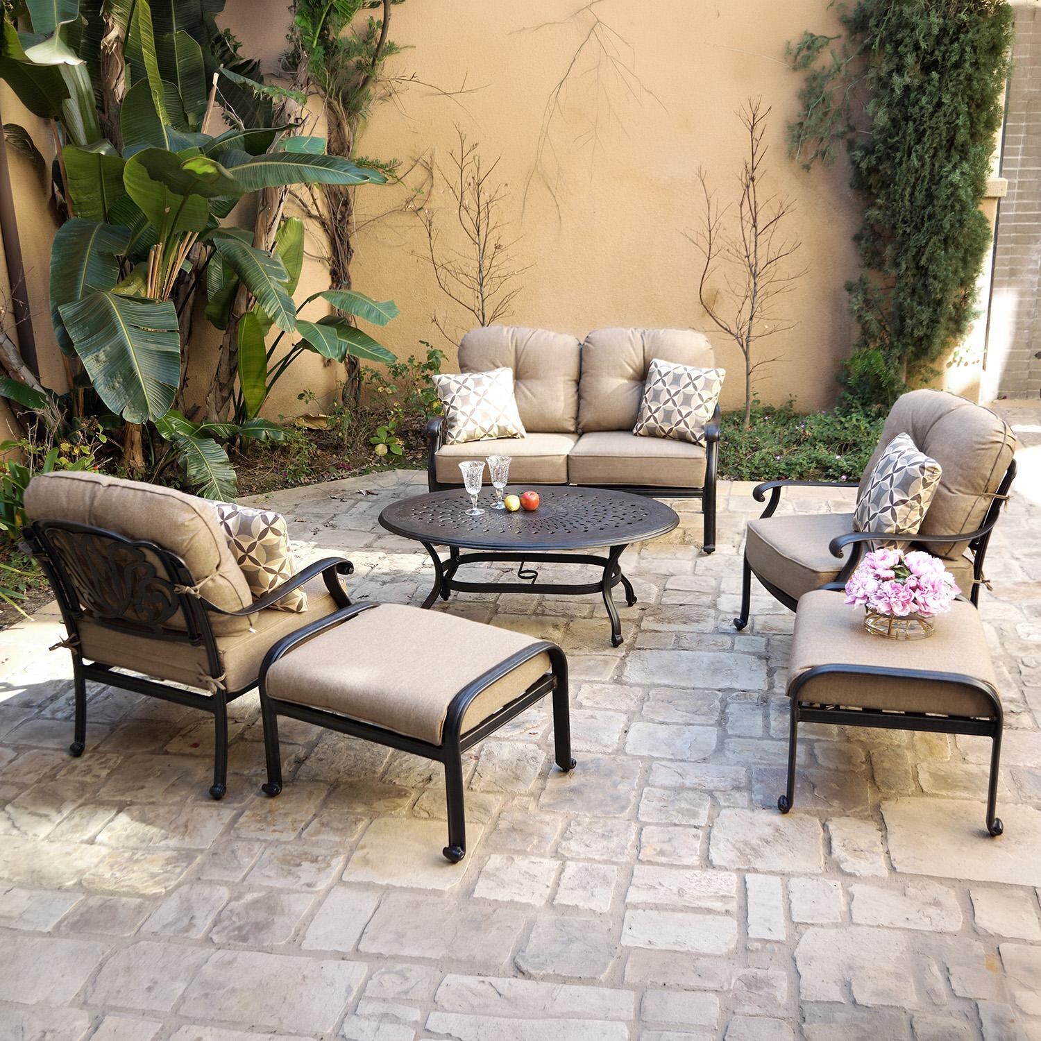 Elisabeth 6 Pc Cast Aluminum Loveseat Seating Set w/ 46 X 31 Inch Oval Table & Throw Pillows in Antique Bronze/Canvas Beige Canvas by Darlee