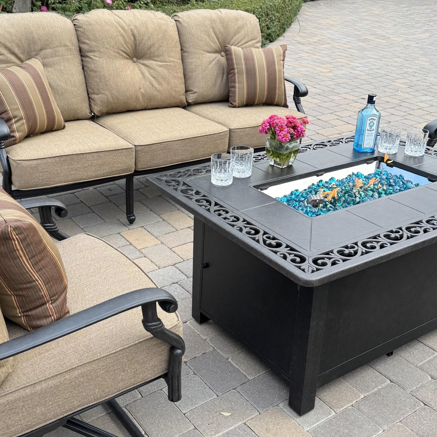 Santa Monica 4 Pc Cast Aluminum Seating Set w/ 49 X 35 Inch Fire Pit Table w/ 2 Rocker Club Chairs and Sofa in Sesame/Antique Bronze by Darlee - Fire Pit Table Close Up - Lifestyle thumbnail