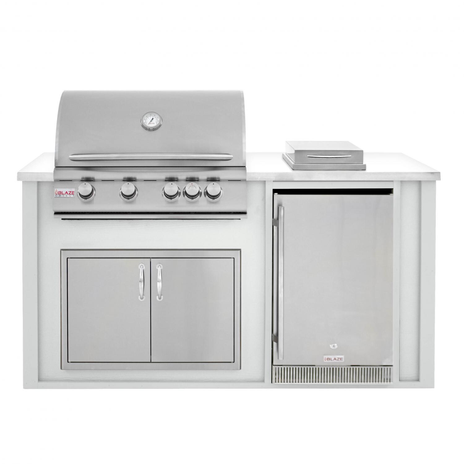 BBQGuys 6 Ft BBQ Island With Blaze 32-Inch Natural Gas Grill, Double Access Door, Outdoor-Rated Compact Refrigerator & Side Burner - Gray/White - BLZAD4.1SBNG-6SBVP4CGNW
