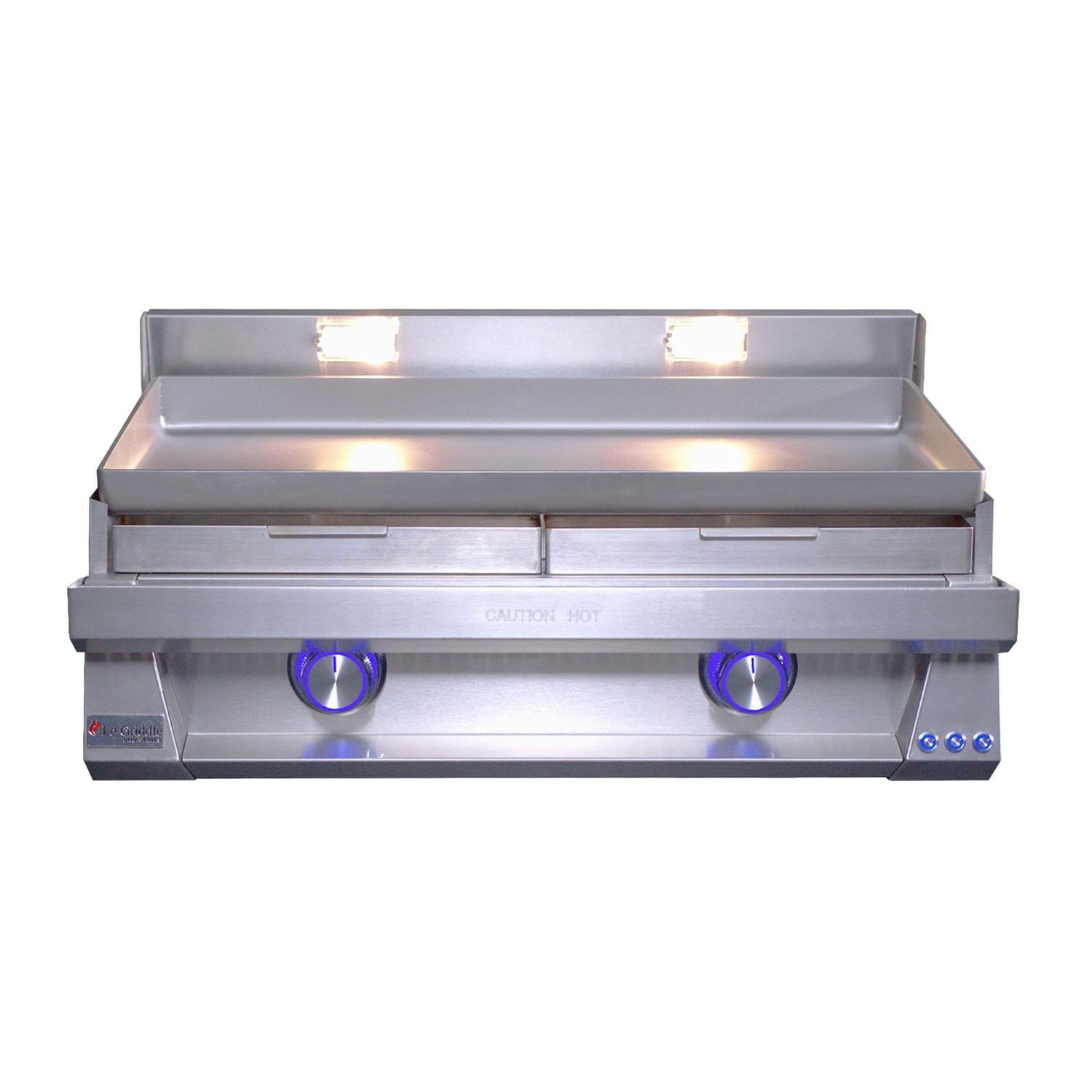 Le Griddle Pro Series 75 30-in 2 Burner Built-In Propane Flat Top Grill w/ 6mm Plate & Lid - Grease Trays Inserted - White Background thumbnail