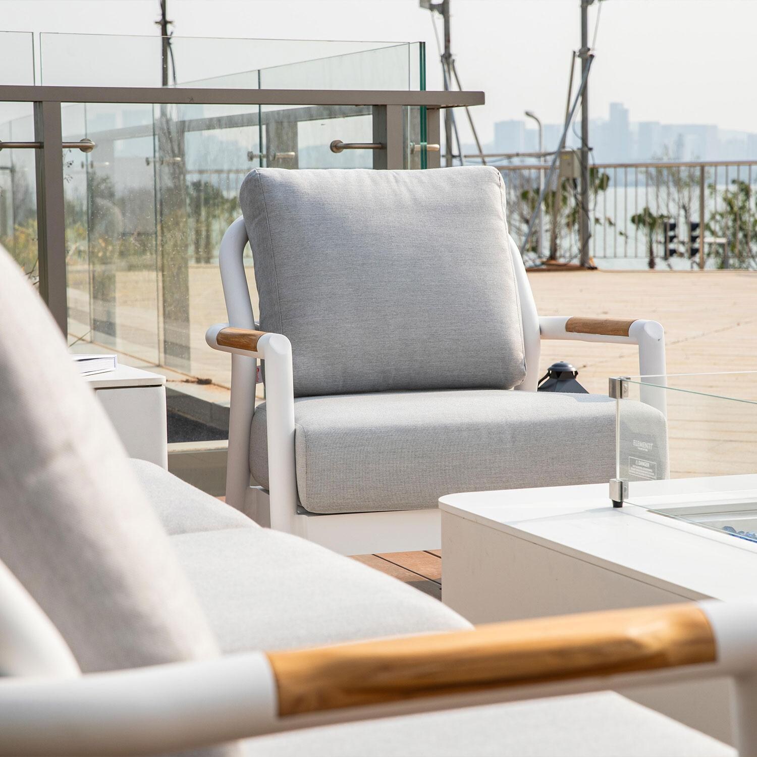 Elementi OS-2501S Santorini Outdoor Aluminum Lounge Chair w/ Sunbrella Cushions - Patio - Shown w/ Fire Pit - Lifestyle thumbnail