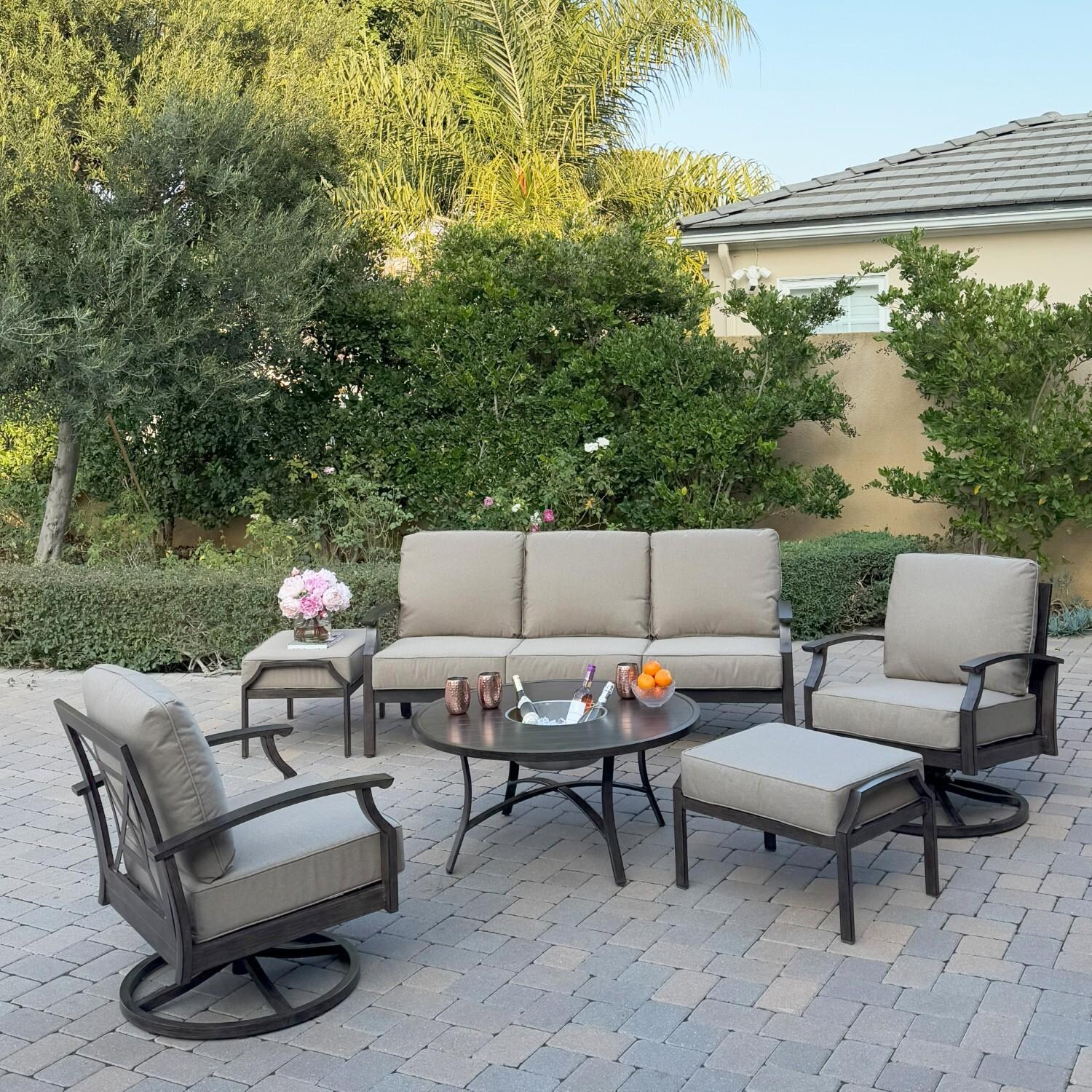 Atlantis 6 Pc Aluminum Seating Set w/ Sofa, 2 Swivel Rocker Club Chairs, 2 Ottomans & Ice Bucket  in Walnut/Beige by Darlee
