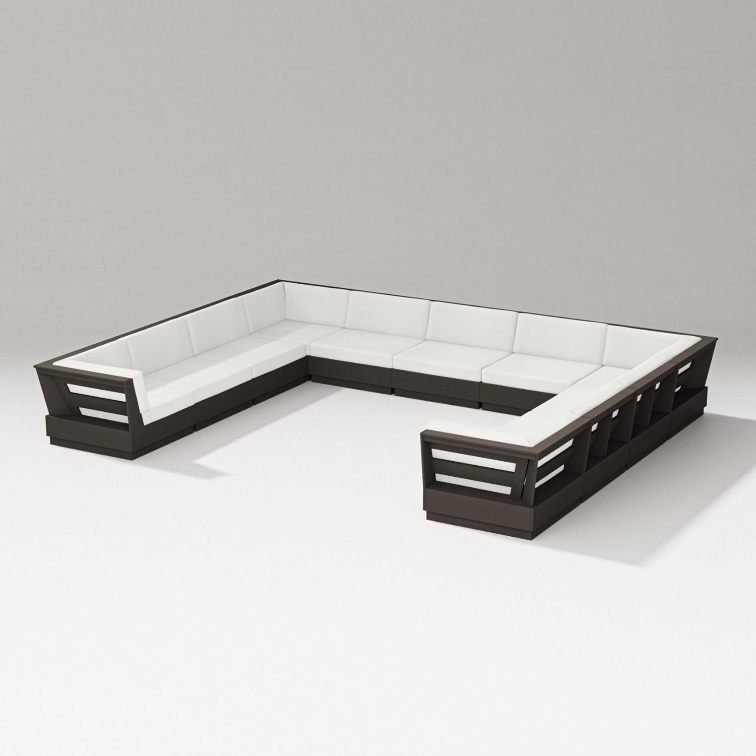 PW Designer Series Elevate 9 Person  U-shaped Recycled Plastic Sectional Sofa in Vintage Coffee/Natural Linen - Set - White Background thumbnail