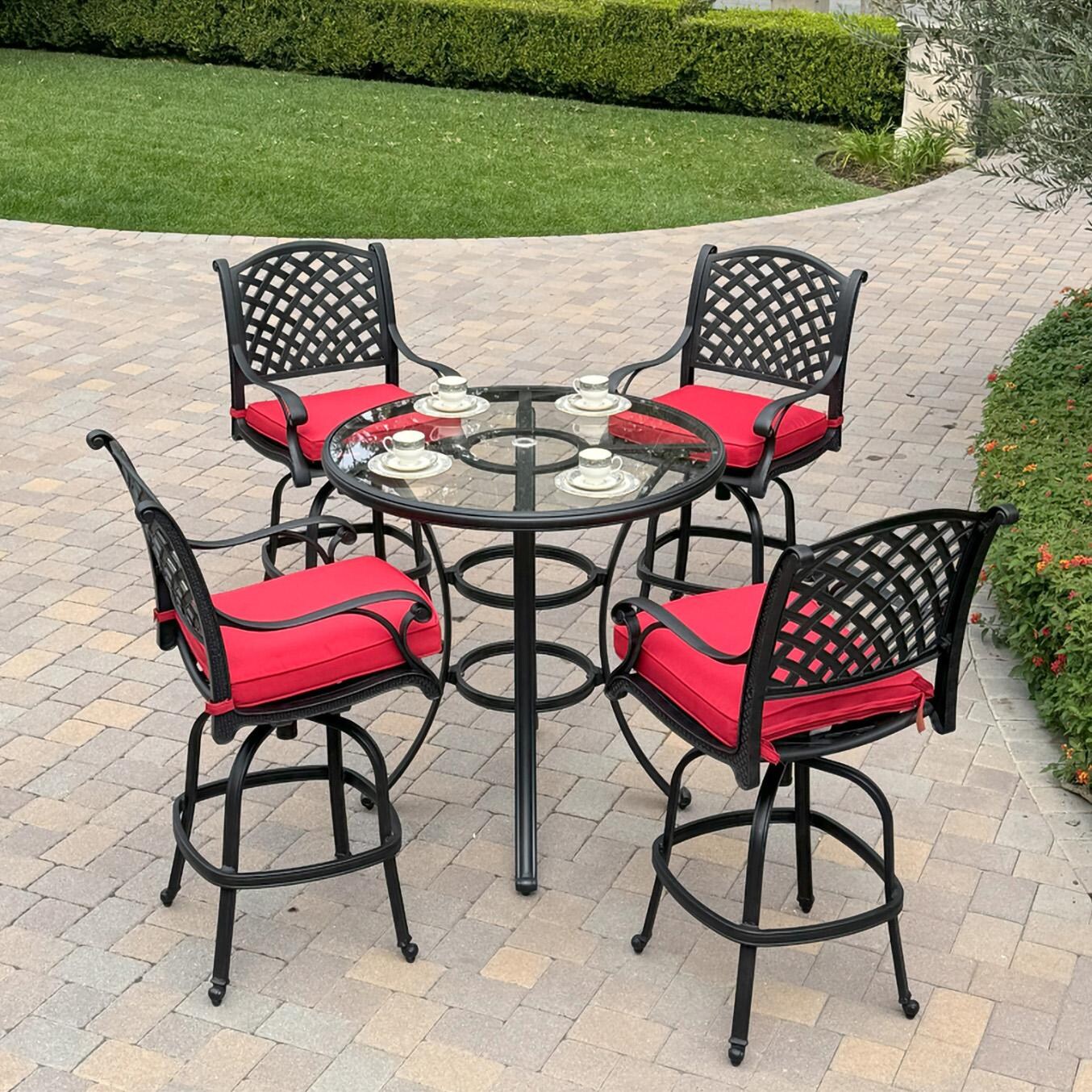 Darlee B/DL13-5PC-50F-R Nassau 5 Pc Cast Aluminum Bar Set in Antique Bronze w/ Red Cushions - Set - Lifestyle thumbnail