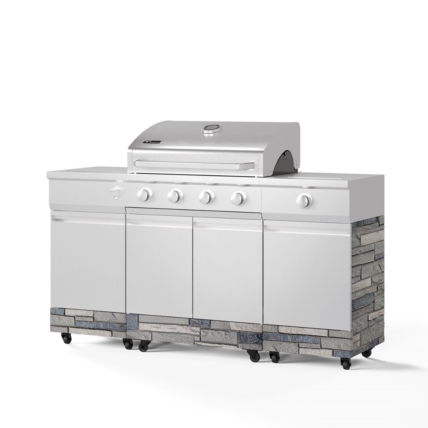 TYTUS Fresno Series 5-Burner Propane Island Grill in Stainless Steel + Shadow Stone w/ Cover & Griddle - Angle - White Background thumbnail