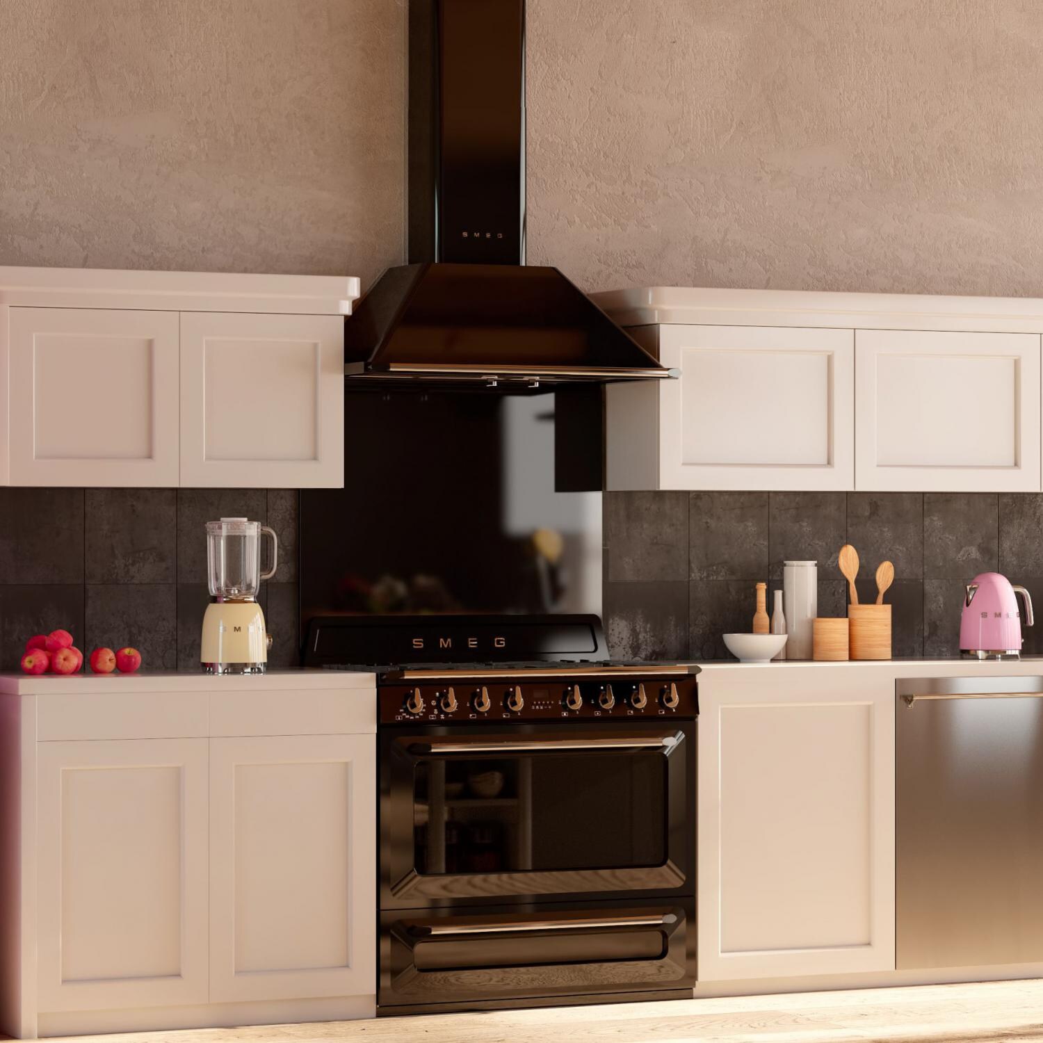 SMEG Victoria 36-Inch 5-Burner Black Dual Fuel Range Shown Installed - TRU90BL   thumbnail