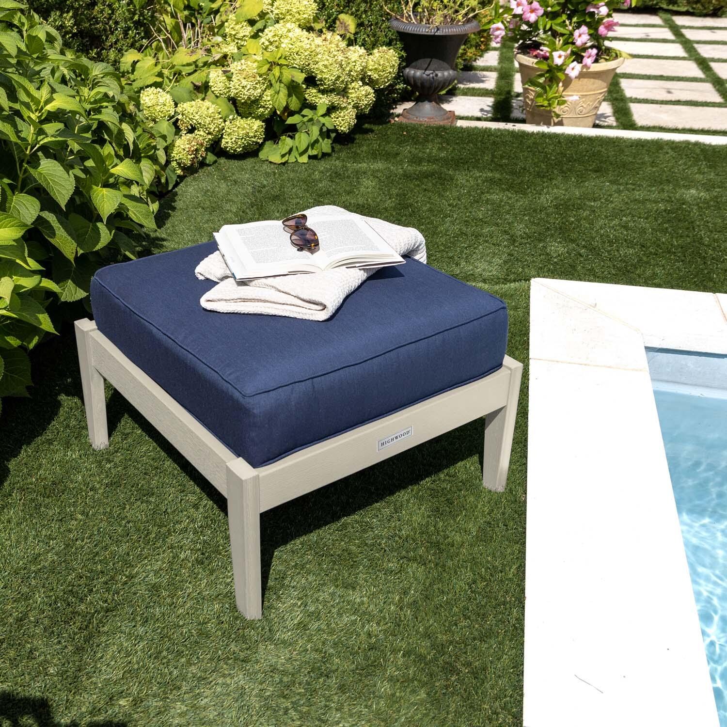 Blushing Bay Recycled Plastic Ottoman in Spectrum Indigo/Whitewash by Lakeview Outdoor Designs - By Pool Close Up - Lifestyle thumbnail