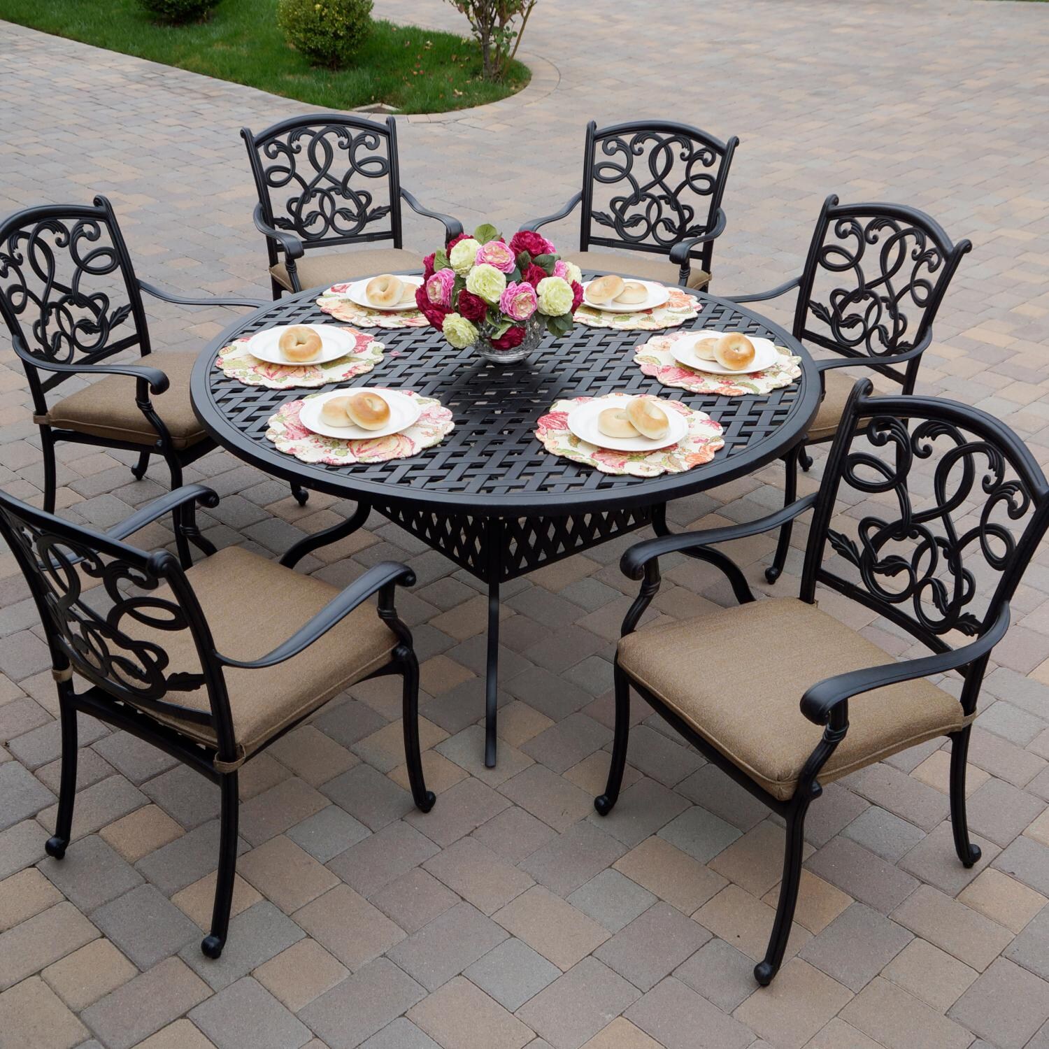 Santa Monica 7 Pc Cast Aluminum Dining Set w/ 60 Inch Round Series 30 Table in Antique Bronze/Sesame by Darlee