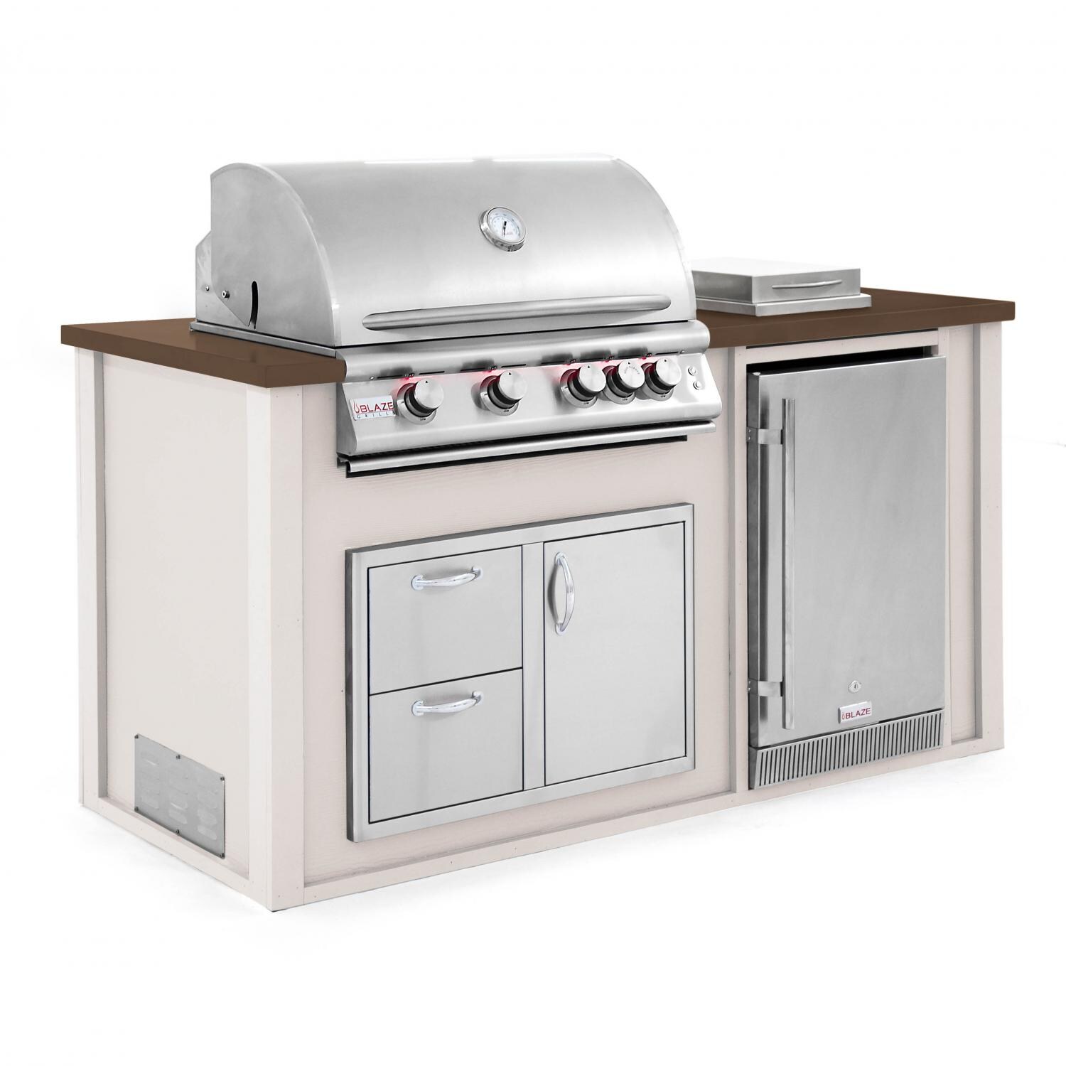 BBQGuys.com 6 Ft BBQ Island With Blaze 32-Inch Propane Gas Grill, Door/Drawer Combo, Outdoor-Rated Compact Refrigerator & Side Burner - Greige/Brown - Angled View thumbnail