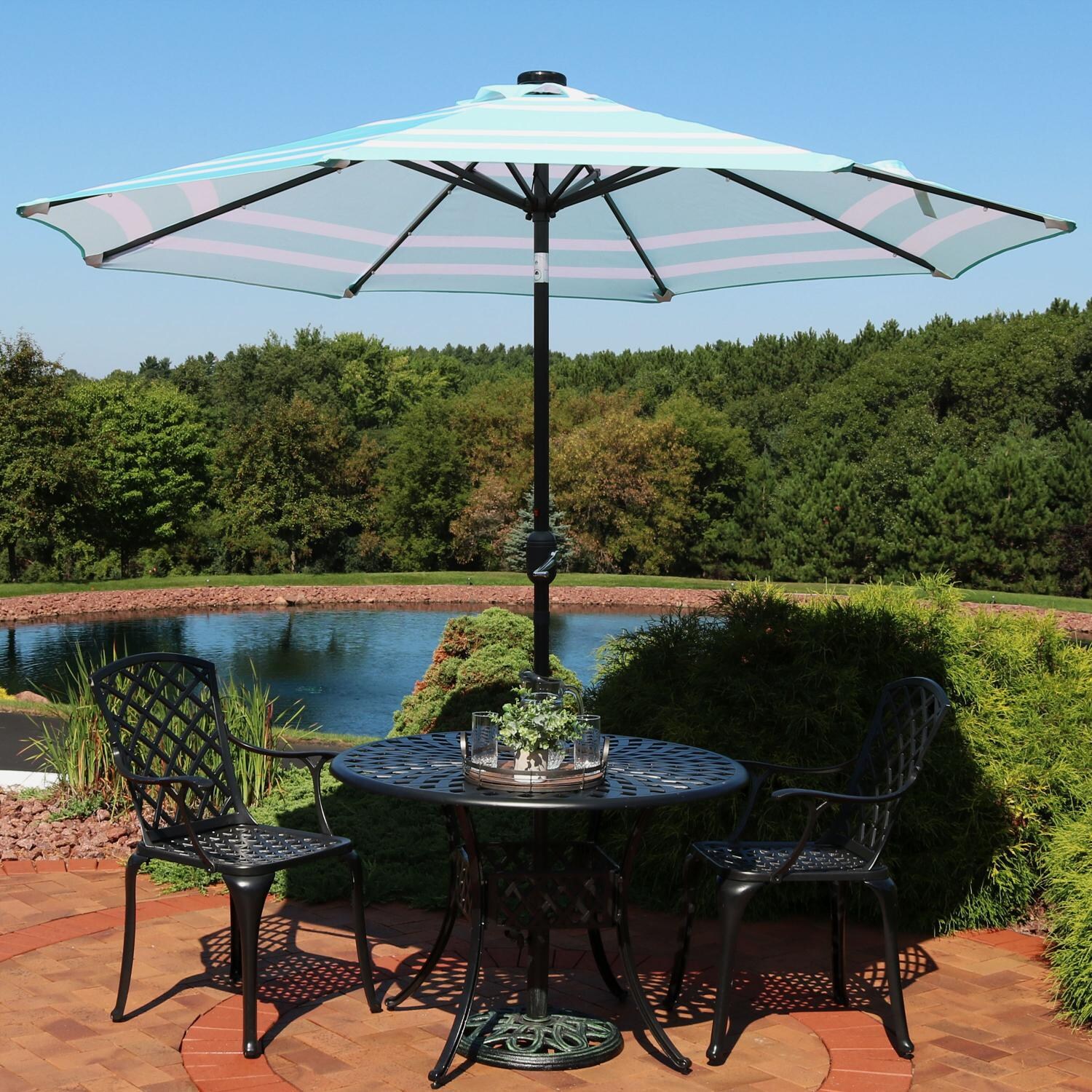 Ultimate Patio 9 Ft. Solar Lighted Octagonal Patio Umbrella W/ Crank Lift - Teal Stripe Canopy - Lifestyle View thumbnail