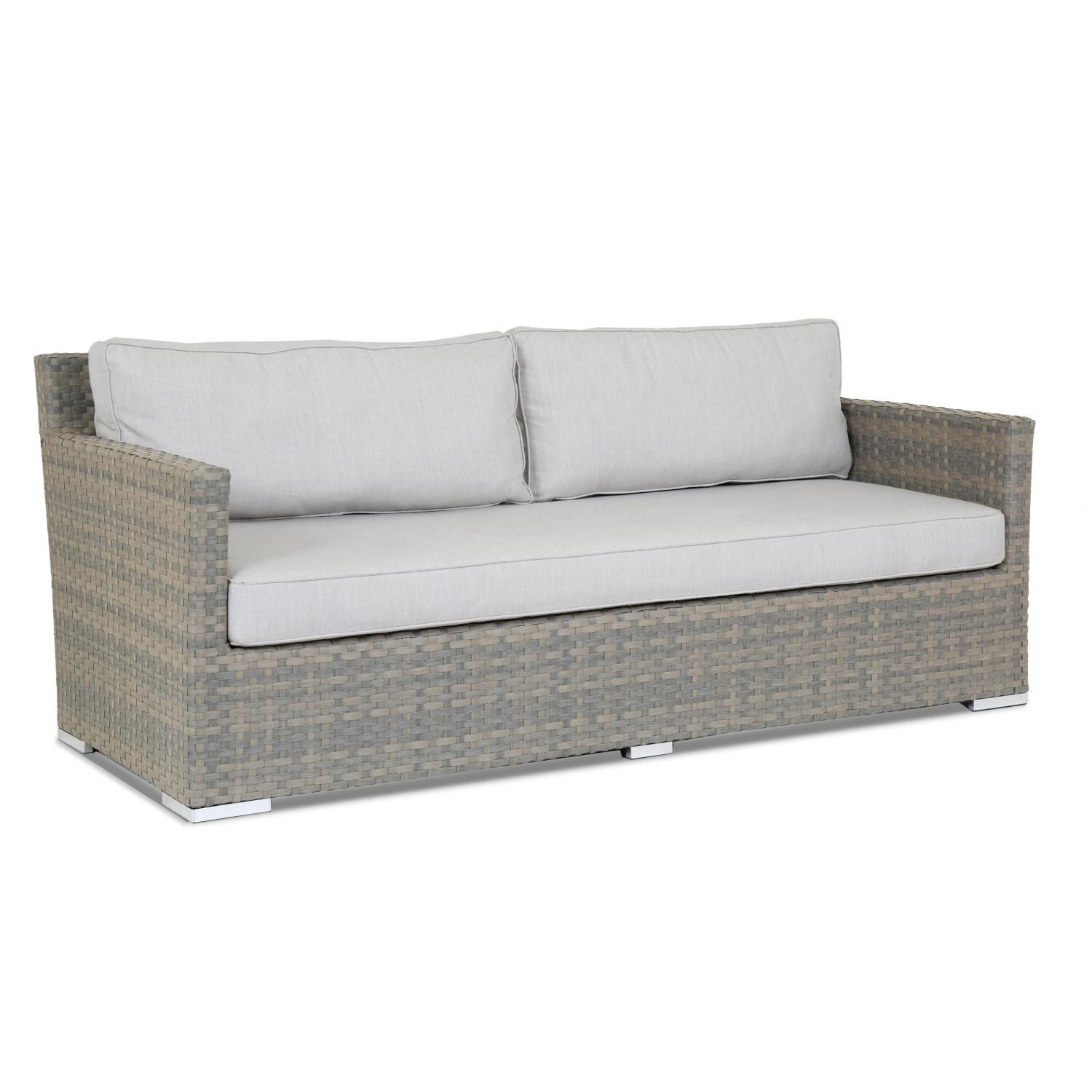 Sunset West - Majorca 4 Piece Resin Wicker Patio Conversation Set W/ Pouf Coffee Table & Cast Silver Cushions - Majorca Patio Sofa thumbnail