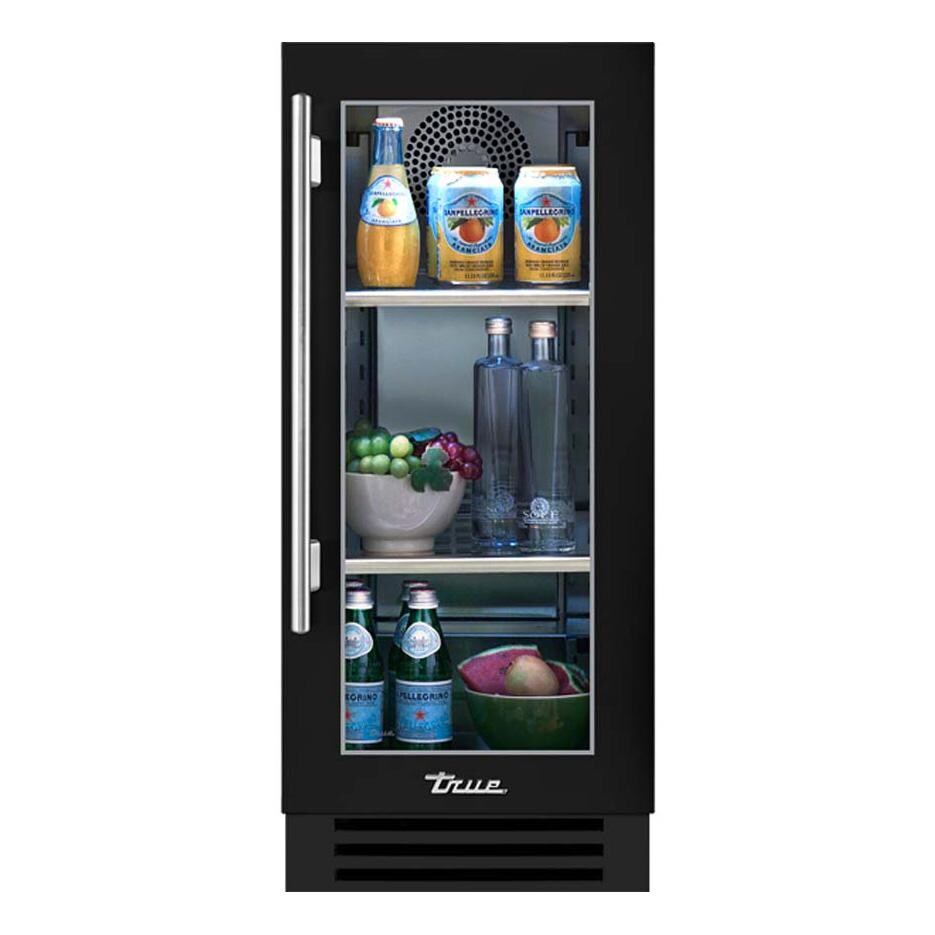 True TUR-15-R-OG-C~DSK-027-H04 15 Inch 3.14 Cu. Ft. Right Hinge Glass Door Outdoor Refigerator - Matte Black w/ Stainless Steel Handles - White Background thumbnail