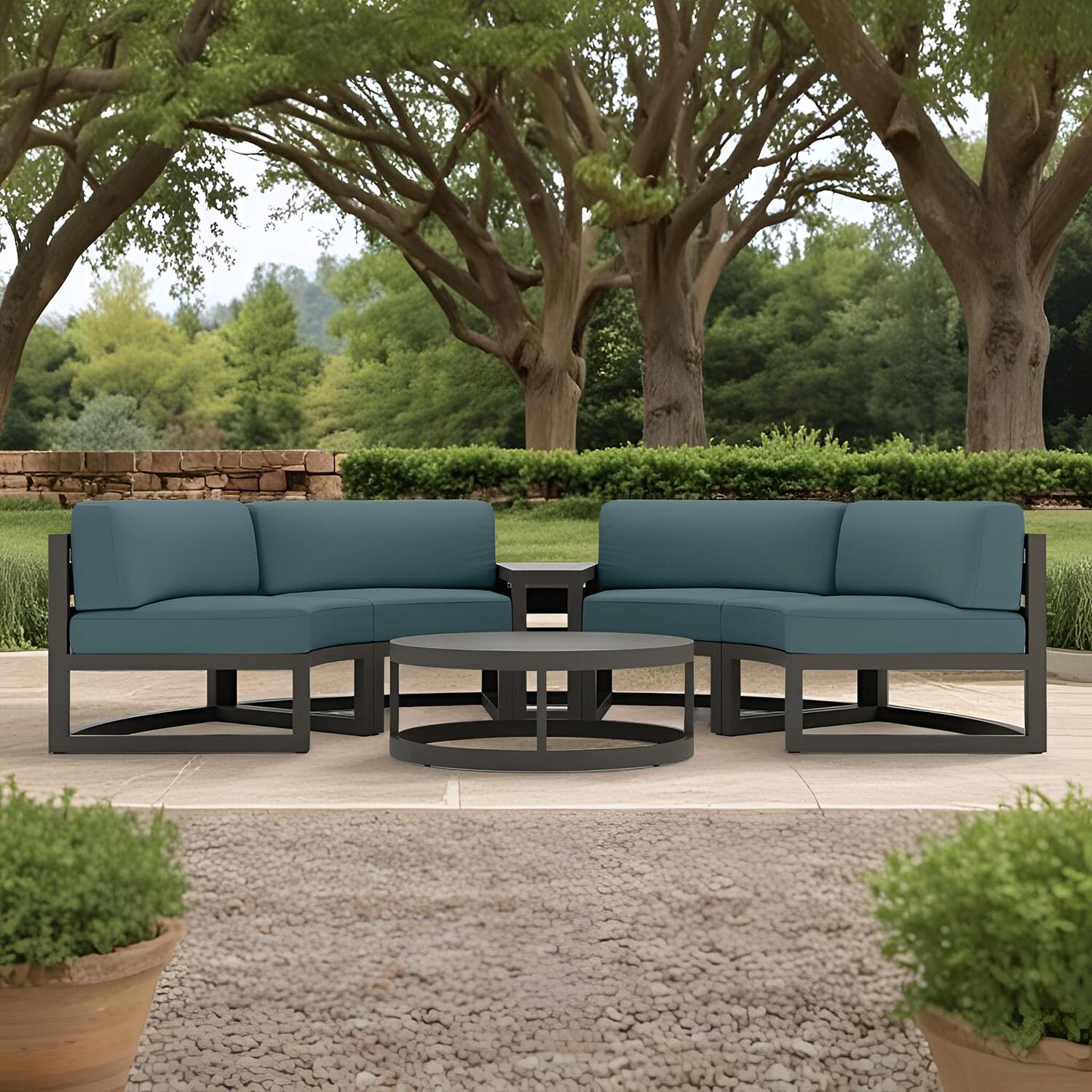 Misty Cove 4 Piece Curve Sectional Set in Slate w/Coffee Table & Cast Lagoon Cushions by Lakeview - Lifestyle thumbnail