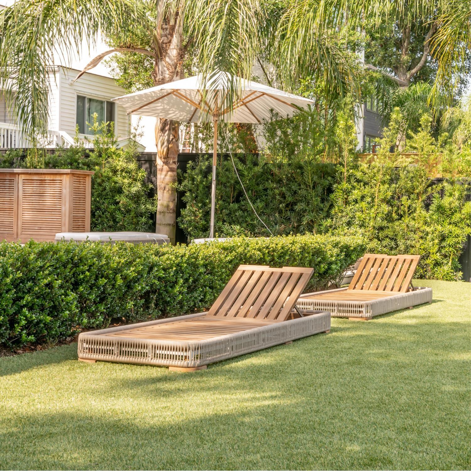 Teak + Table Breeze Olefin Rope & Teak Patio Chaise Lounge in Dune/Sand - Landscape View, Frame Only - Lifestyle thumbnail