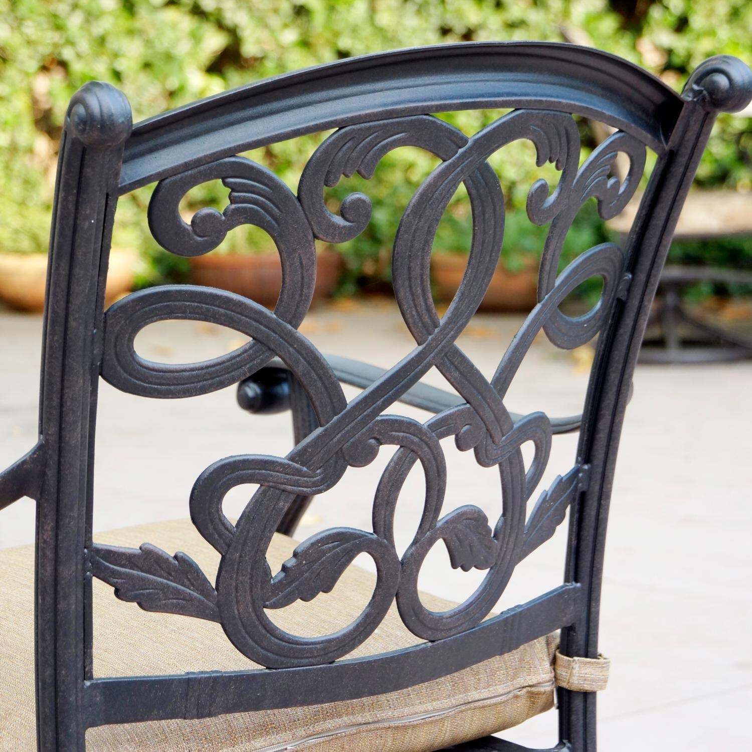 Darlee DL2052-7PC-30RED Santa Monica 7 Piece Cast Aluminum Patio Dining Arm Chair Set W/ 72 X 42 Inch Rectangular Table & Sesame Cushions - Back Detail thumbnail