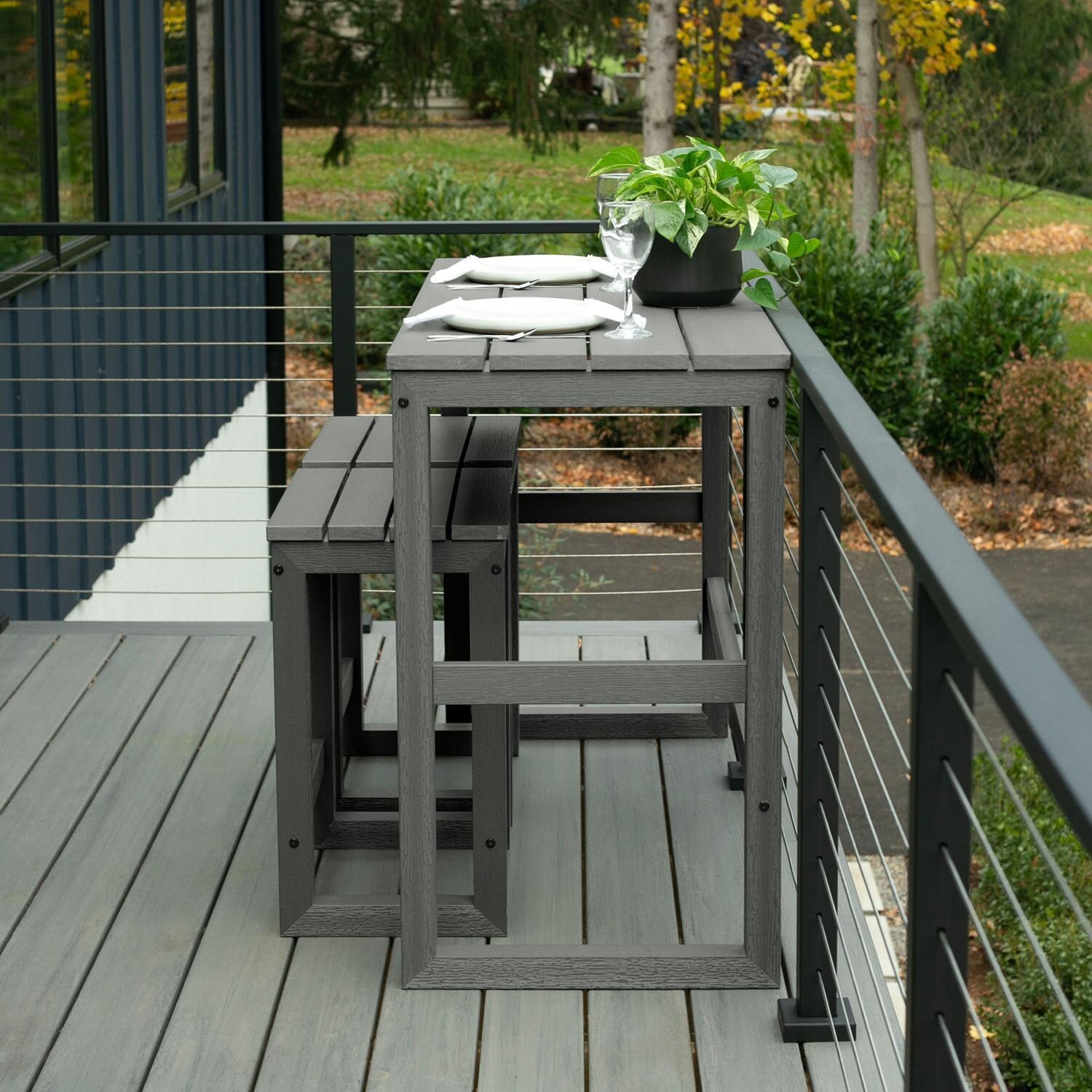 Lakeview Audubon 3 Pc Recycled Plastic Counter Height Balcony Dining Bar Set in Coastal Teak - On Patio - Lifestyle thumbnail