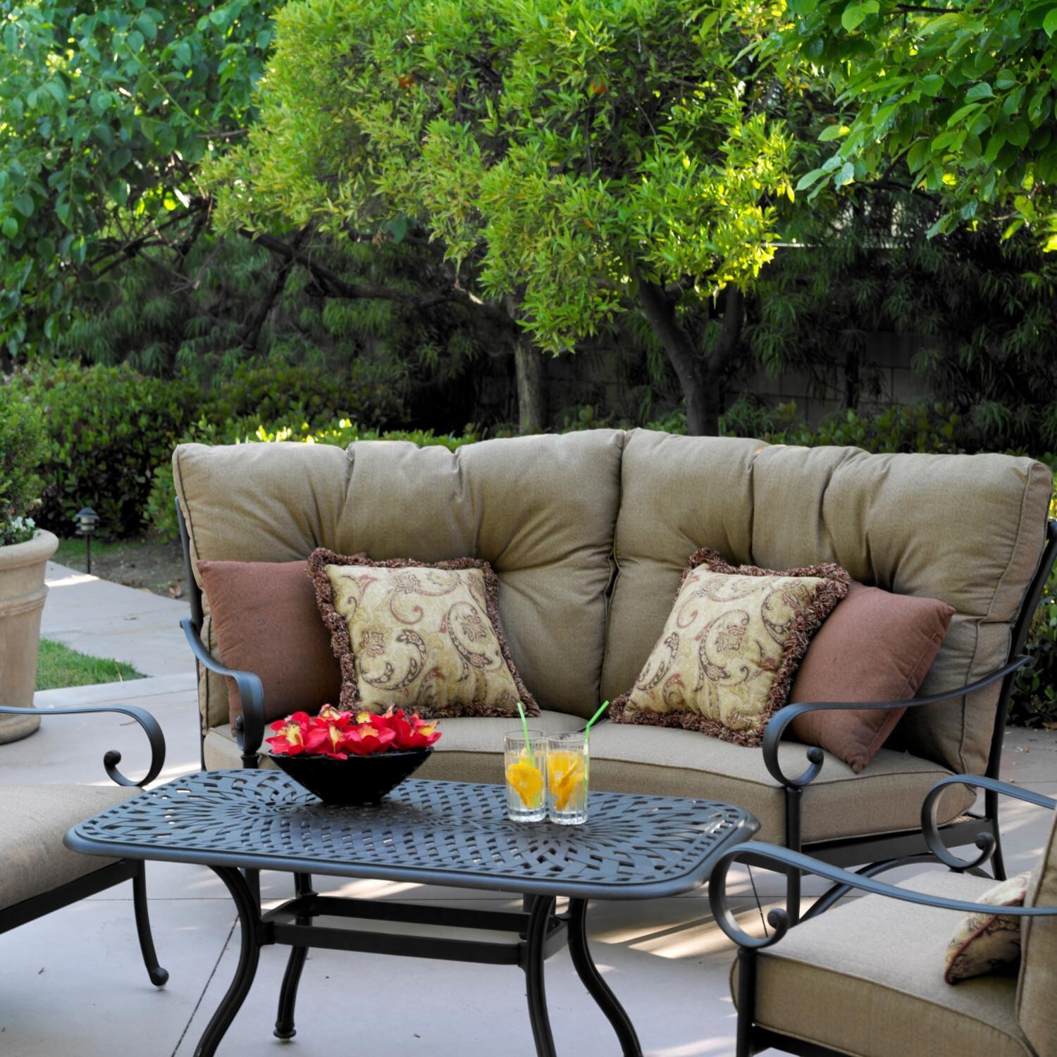 Santa Anita 5 Pc Cast Aluminum Patio Sectional Set W/ Sesame Sunbrella Cushions By Darlee - Back Patio - Lifestyle thumbnail