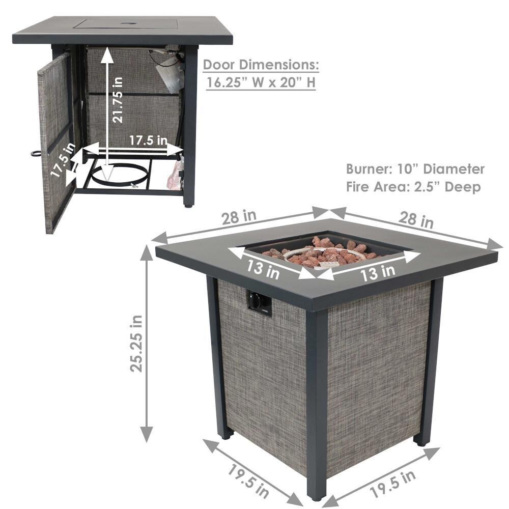 Ultimate Patio 28-Inch Square Propane Gas Fire Pit w/ Brown Rafa Fabric - Dimensions thumbnail