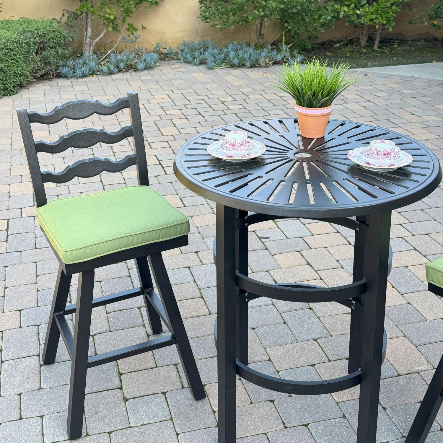 Aspen Aluminum 3 Pc Patio Bar Set w/ 30-in Round Counter Height Bar Table in Green By Darlee - Left Side of Bar Set - Lifestyle thumbnail