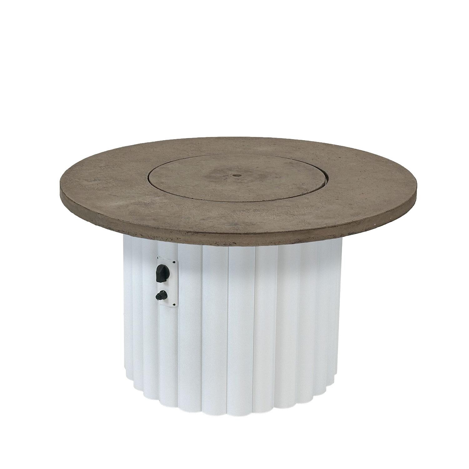 Reverie REVBWH-42-K 42-in Round Aluminum Gas Fire Pit Table with Fossil Brown Supercast Table Top & White Base - Cover On - White Background thumbnail