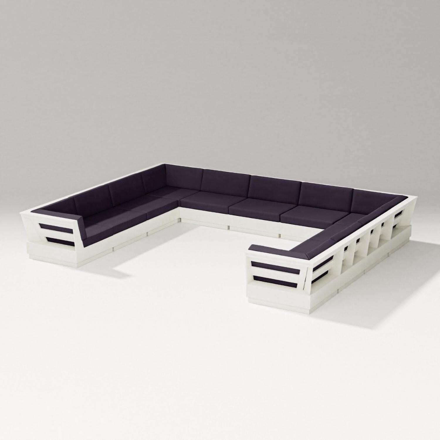 Elevate 9 Person U-shaped Recycled Plastic Sectional Sofa in Vintage White/Navy Linen By PW Designer Series