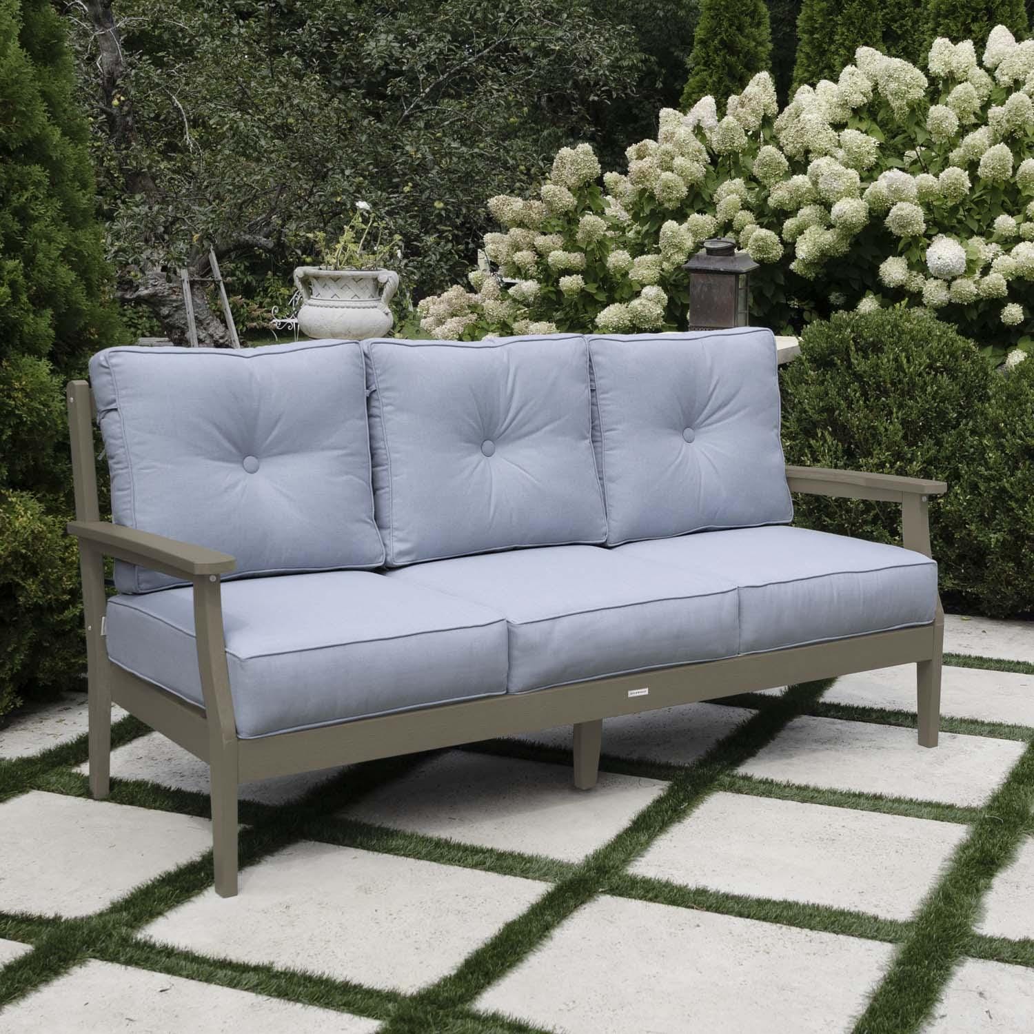 Blushing Bay 3 Person Recycled Plastic Sofa in Bliss Dew/Woodland Brown by Lakeview Outdoor Designss - Left Angled - Lifestyle thumbnail