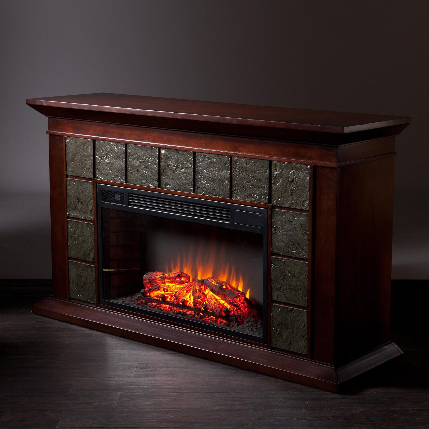 Southern Enterprises Newberg 60-Inch Electric Fireplace Mantel - Warm Brown Walnut W/ Gray Tile - FE9022 thumbnail