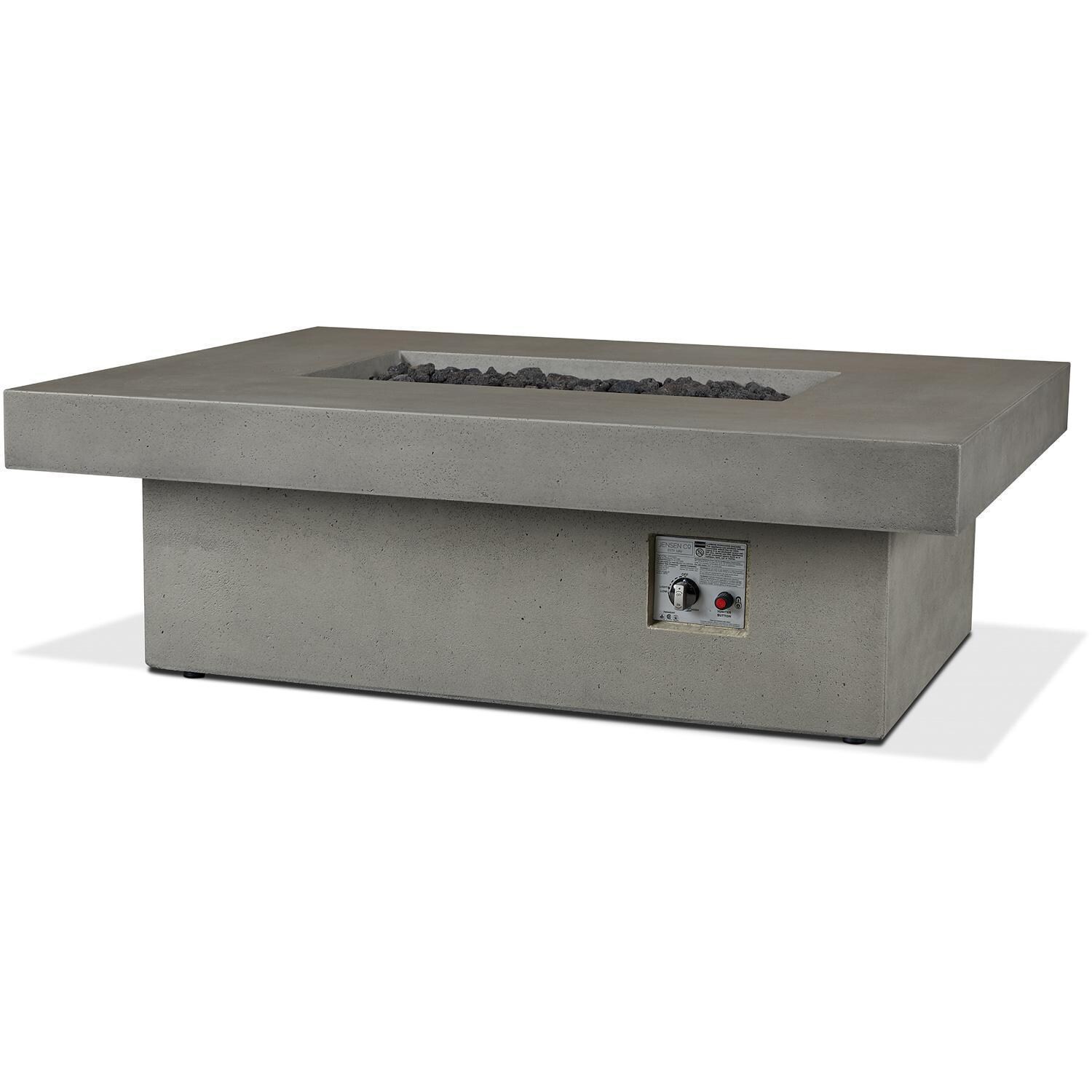 Hickory Bay 3708LP-ASH 60 Inch Rectangular GFRC Propane Fire Pit Table in Ash by BBQGuys Signature - Angled View No Fire - White Background thumbnail