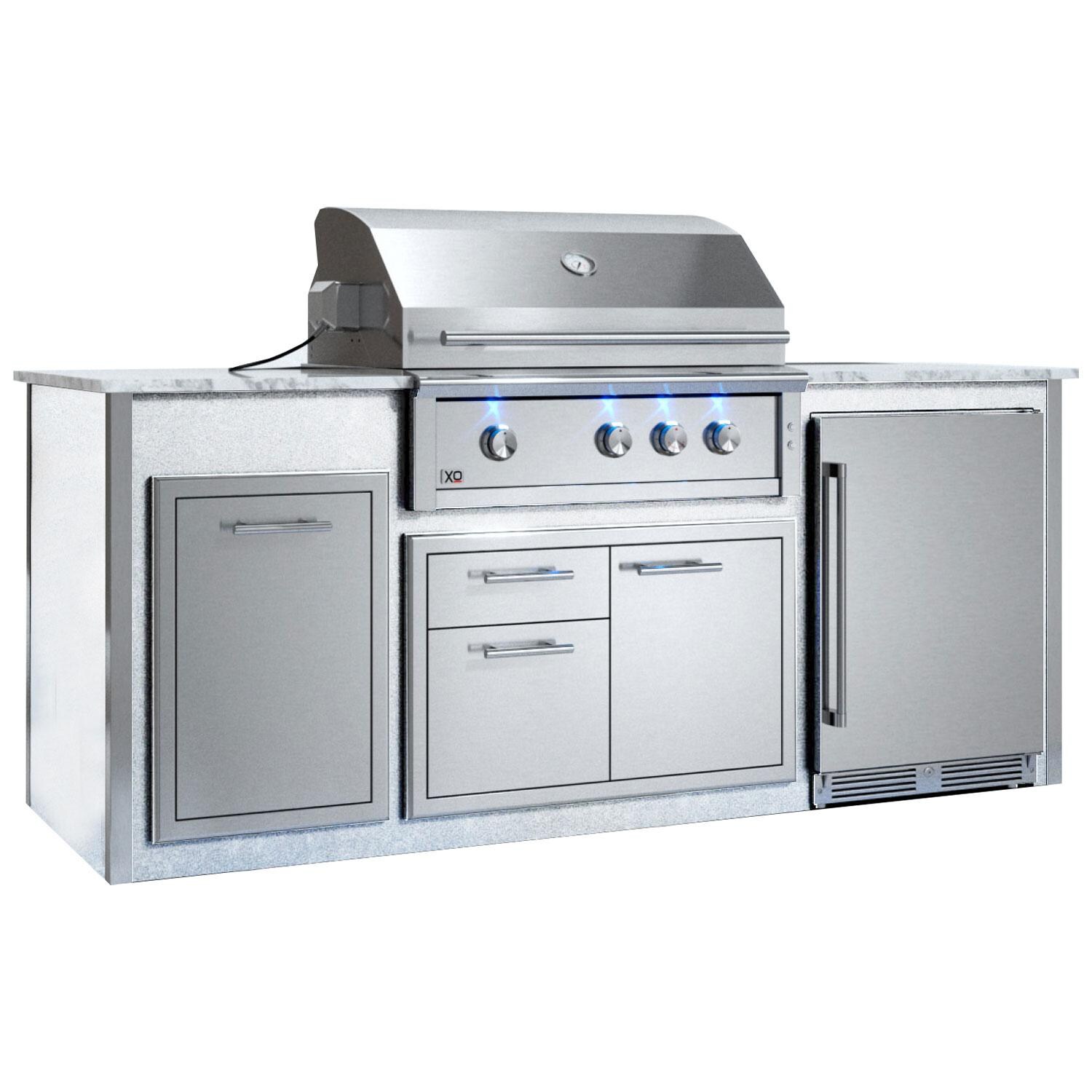 XO Designer 8 1/2 Ft Outdoor Kitchen Island w/ 36-in Natural Gas Pro-Grade Grill, Door & Drawer, Trash Drawer & Outdoor Refrigerator in White - White Background thumbnail