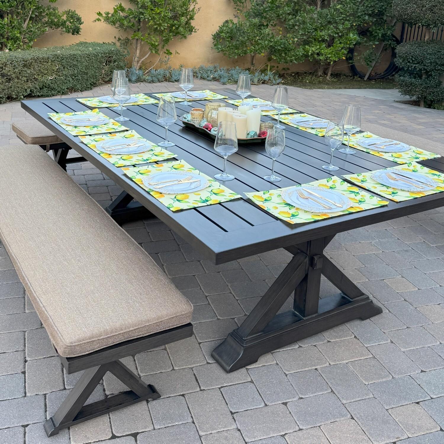 Brooklyn 6 Pc Aluminum Dining Set w/ 88 X 59 Inch Table in Sesame/Multi-brown by Darlee - Table Close Up - Lifestyle thumbnail