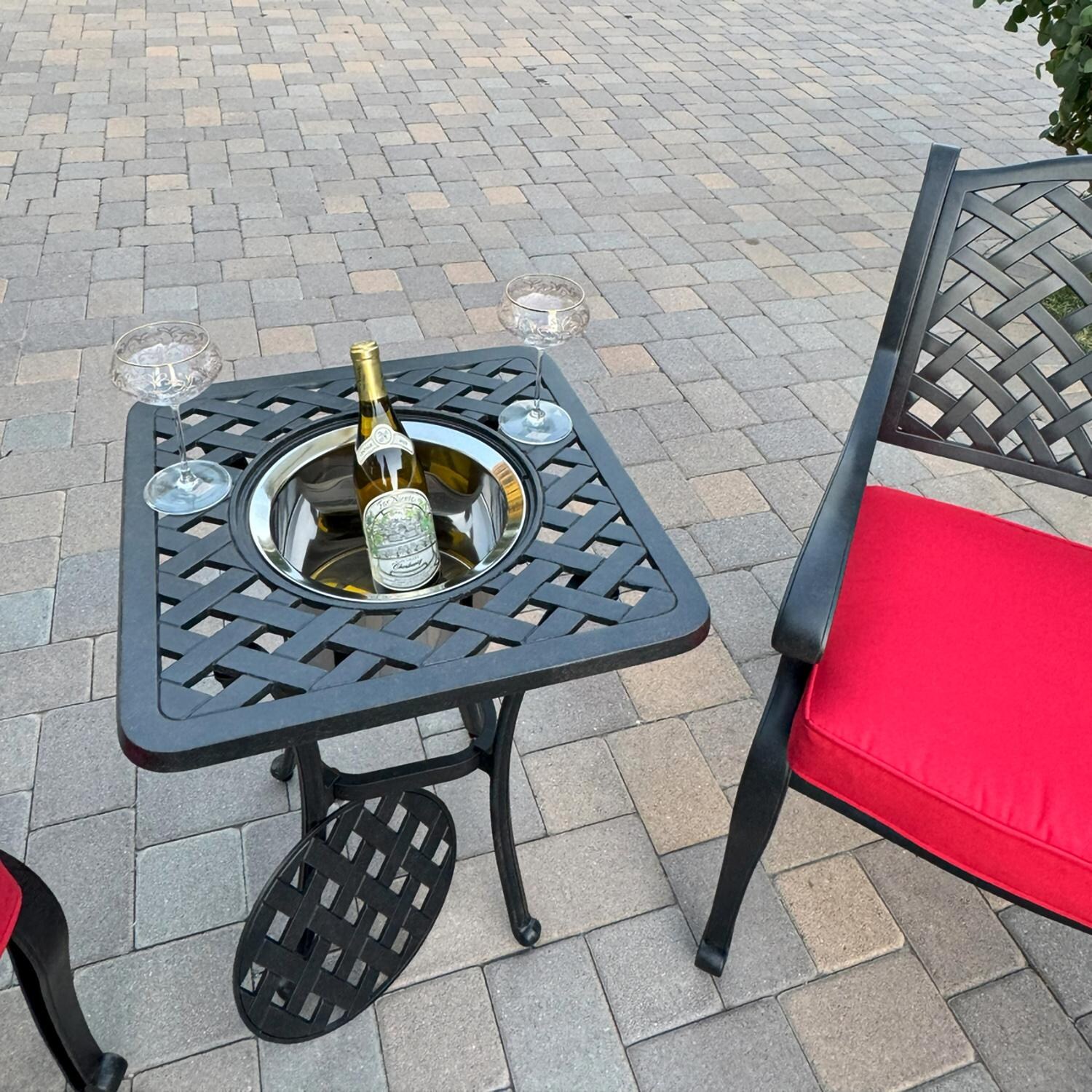 Darlee B/DL13-3PC-30SQ-R Nassau 3 Pc Cast Aluminum Conversation Set w/ Ice Bucket in Antique Bronze w/ Red Cushions - Ice Bucket - Lifestyle thumbnail