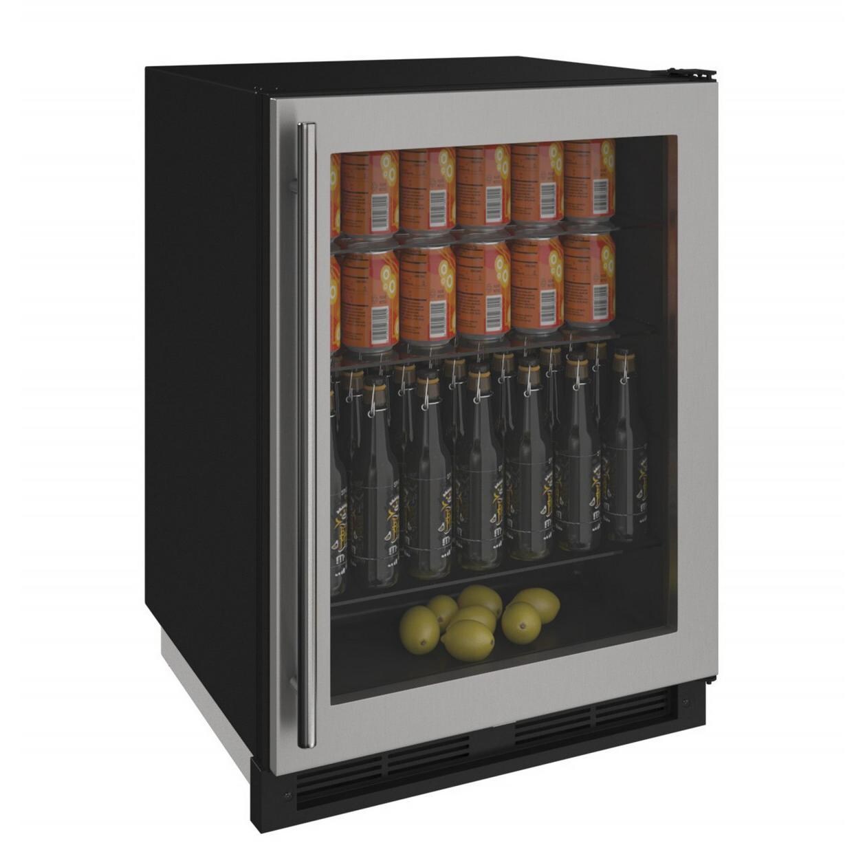 U-Line 1000 Series 24-Inch 5.4 Cu. Ft. Built-In Compact Refrigerator With Glass Door - Stainless Steel - Closed View With Beverages thumbnail