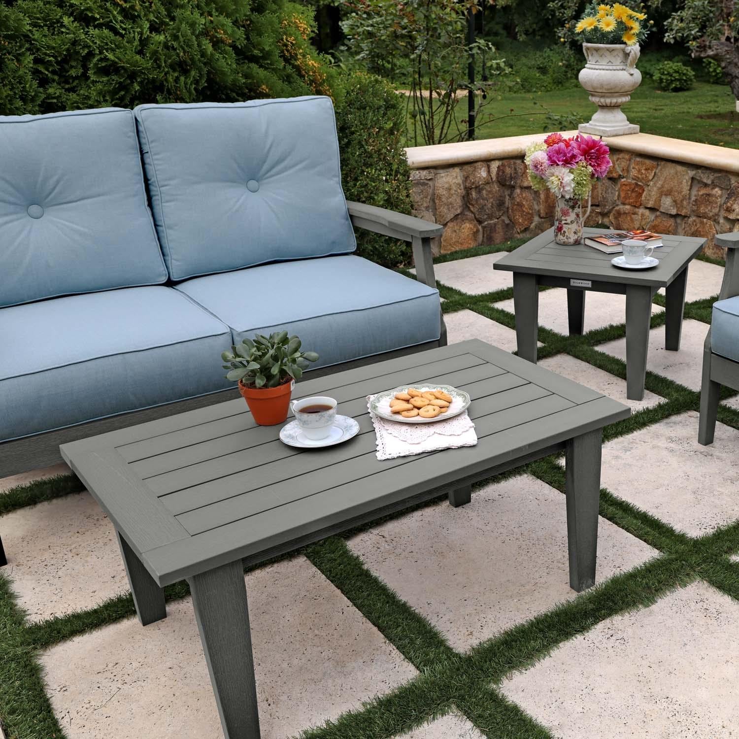 Blushing Bay 4 Pc Recycled Plastic Seating Set in Bliss Dew/Coastal Teak by Lakeview Outdoor Designs - Close Up - Lifestyle thumbnail