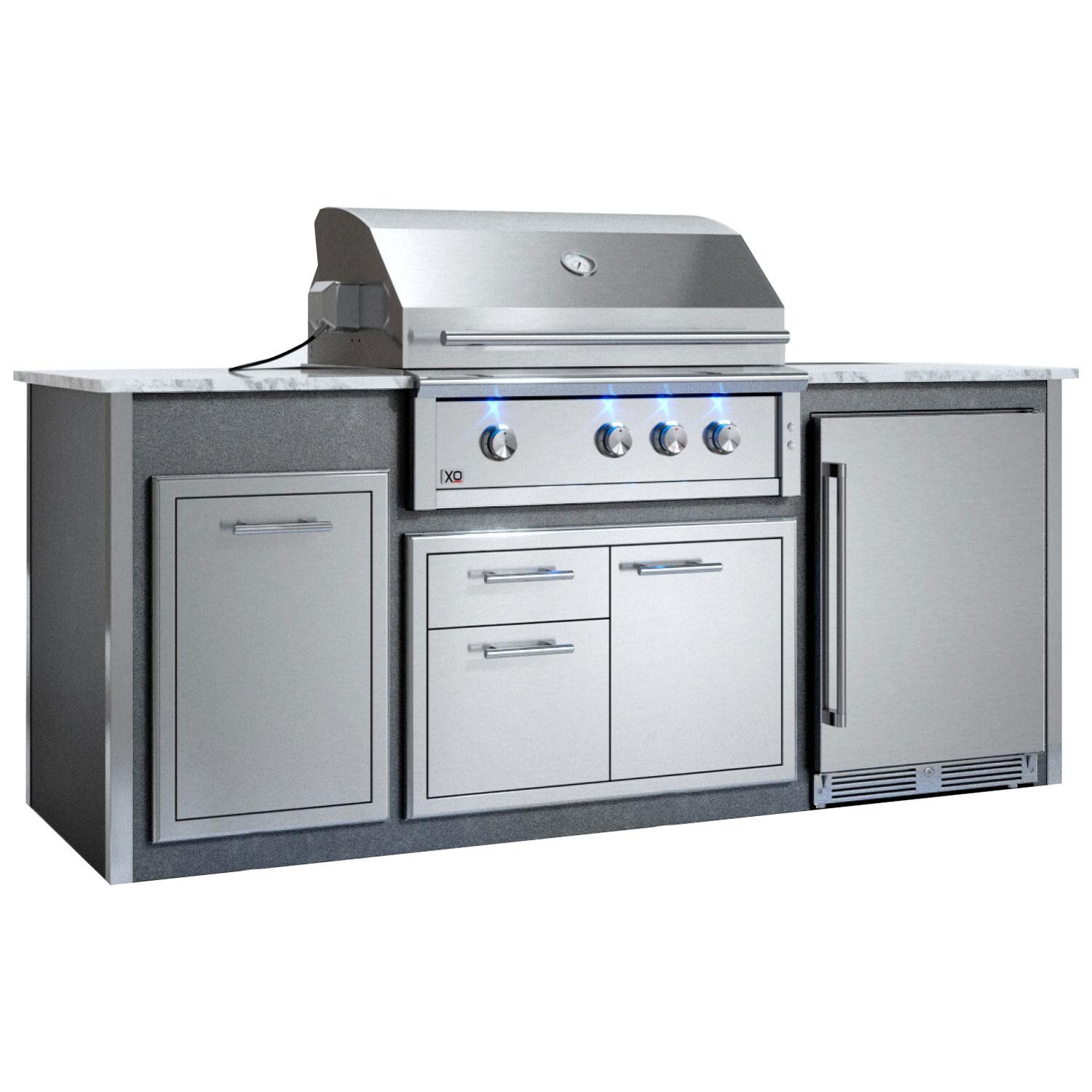 XO Designer 8 1/2 Ft Outdoor Kitchen Island w/ 36-in Propane Pro-Grade Grill, Door & Drawer, Trash-Bin Drawer, & Outdoor Refrigerator in Gray - White Background thumbnail