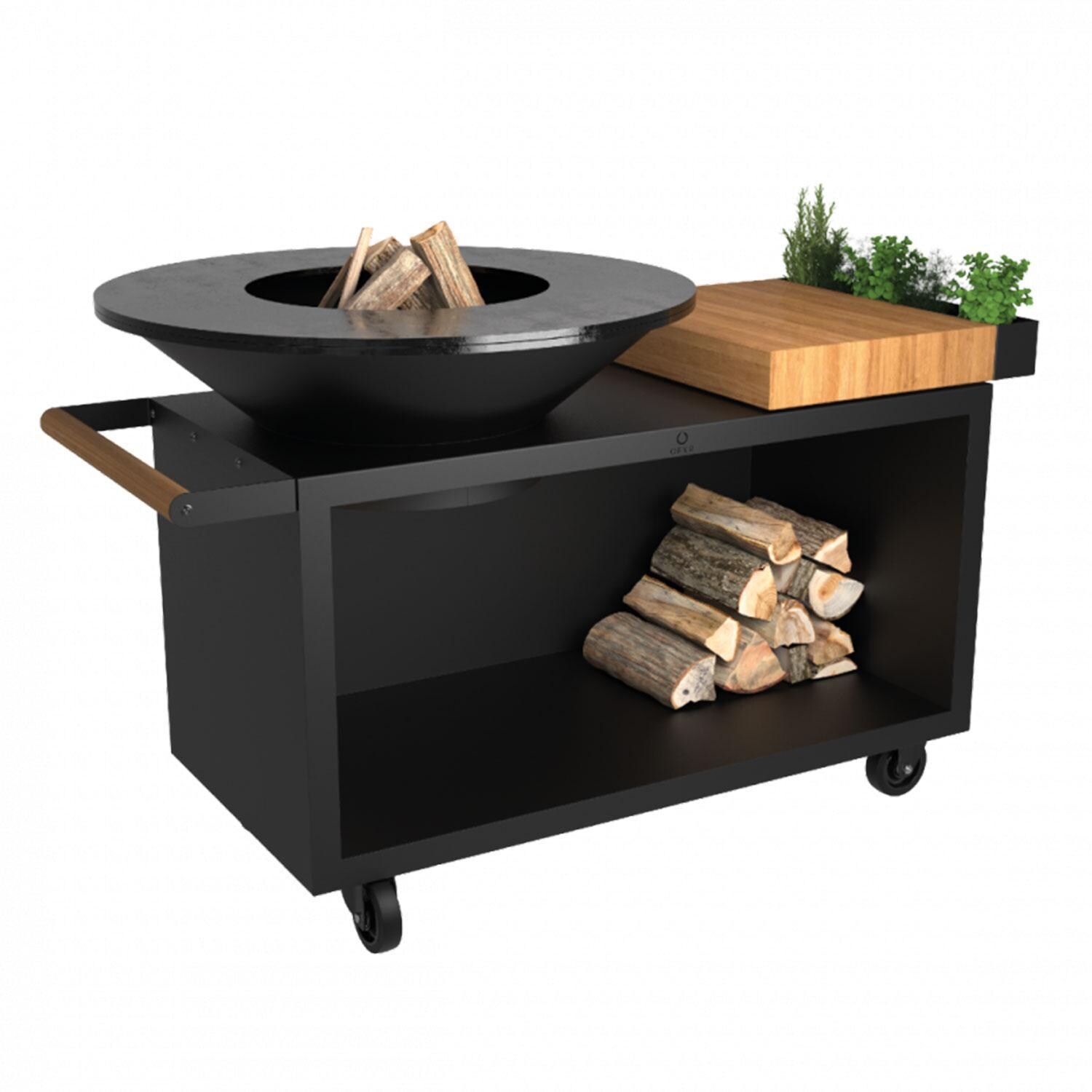 OFYR Island Black 100 PRO Teak Wood 70 Inch Wood-Fired Grill Center - OIB-100-PRO-TW