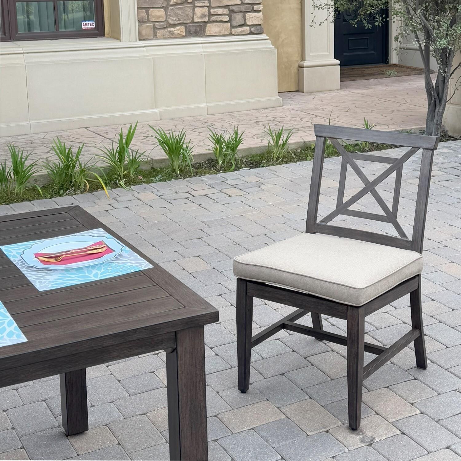 Atlantis 5 Pc Aluminum Dining Set w/ 2 Dining Side Chairs & 2 Three Person Benches in Walnut/Beige by Darlee - Chair Side - Lifestyle thumbnail