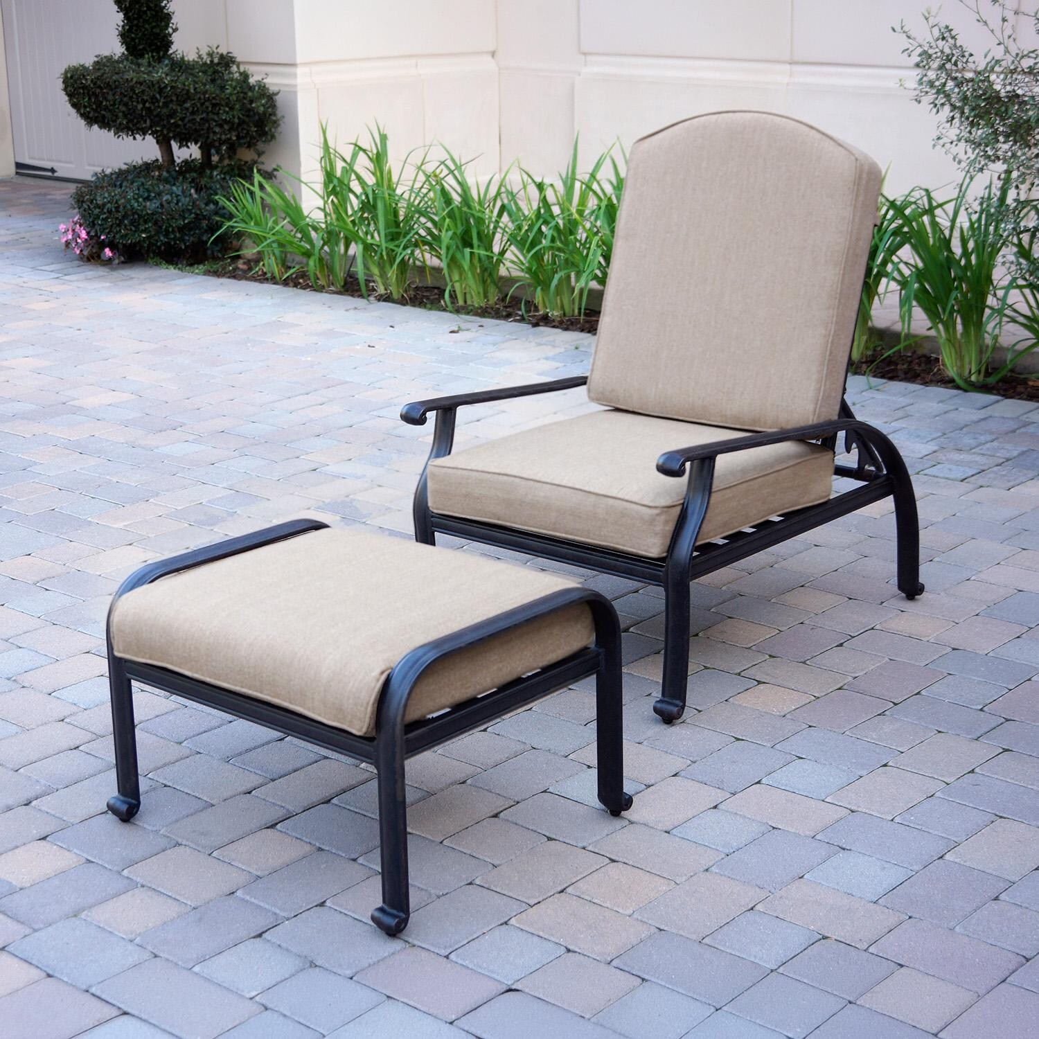 Elisabeth 2 Pc Cast Aluminum Seating Set w/ w/ Reclining Chair & Ottoman in Antique Bronze/Beige by Darlee