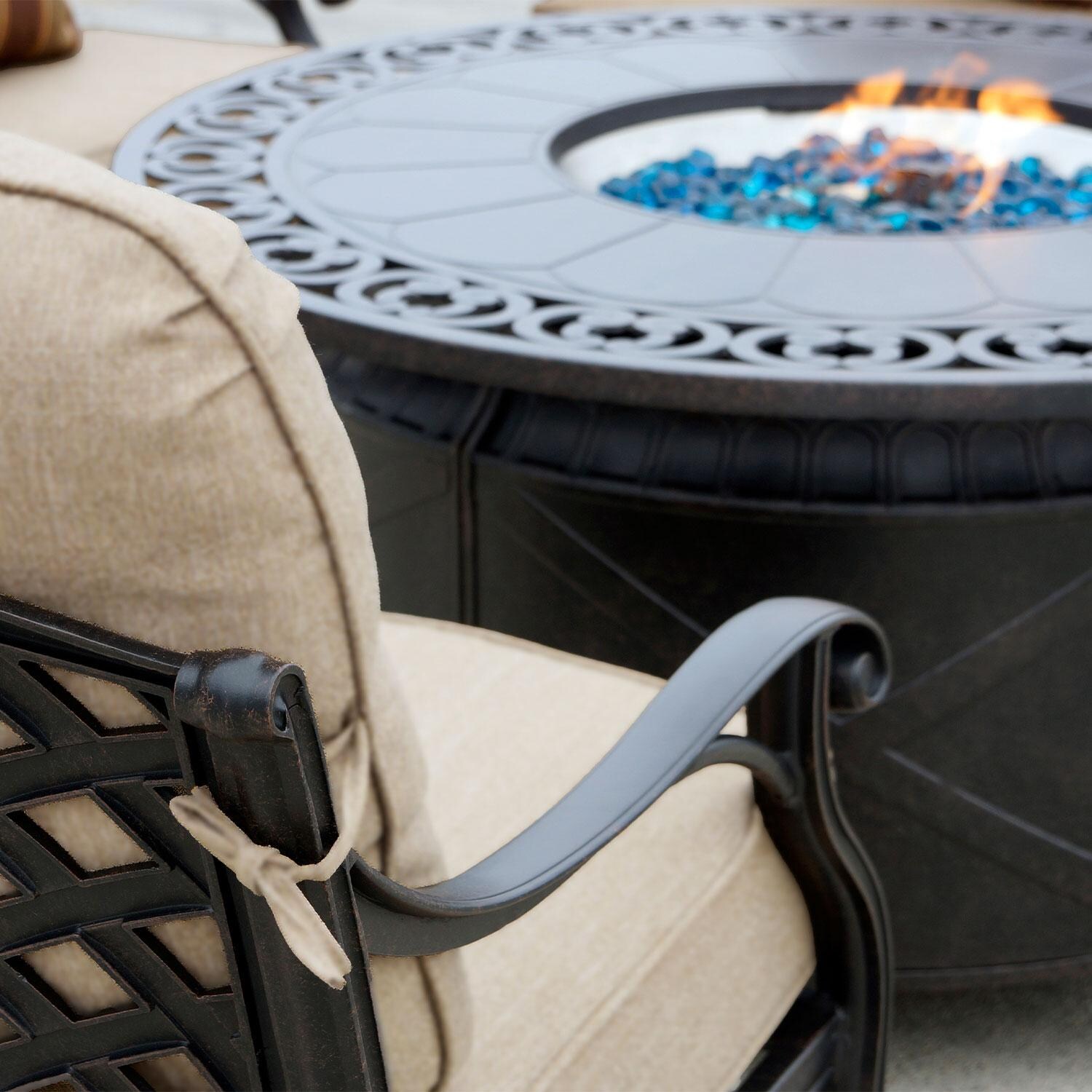 Darlee Nassau 4-Piece Patio Propane Fire Pit Loveseat Conversation Set with Cushions and 47 Inch Round Fire Pit Chat Table and Fireglass - Close Up Chair - Lifestyle thumbnail