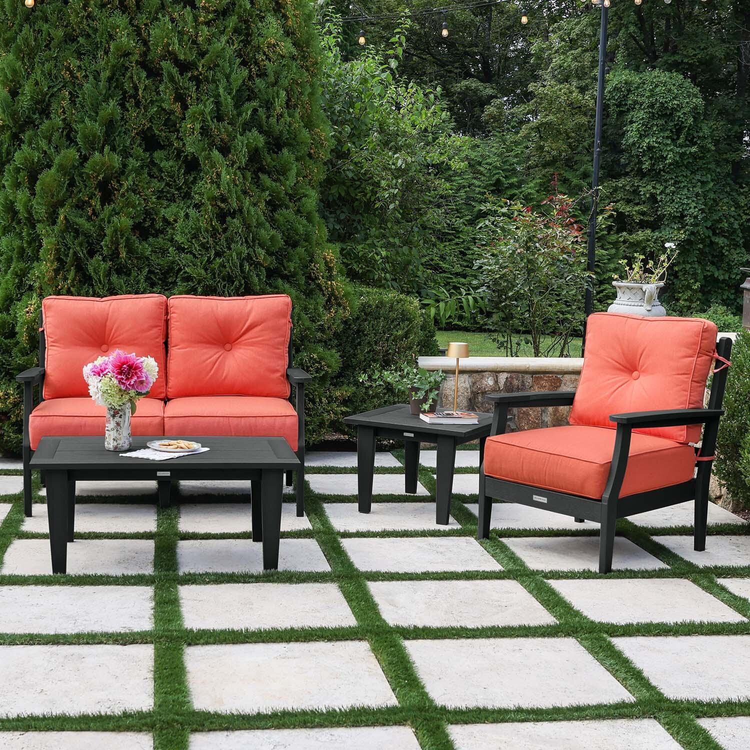 Blushing Bay 4 Pc Recycled Plastic Seating Set in Canvas Persimmon/Black by Lakeview Outdoor Designs - Lifestyle thumbnail