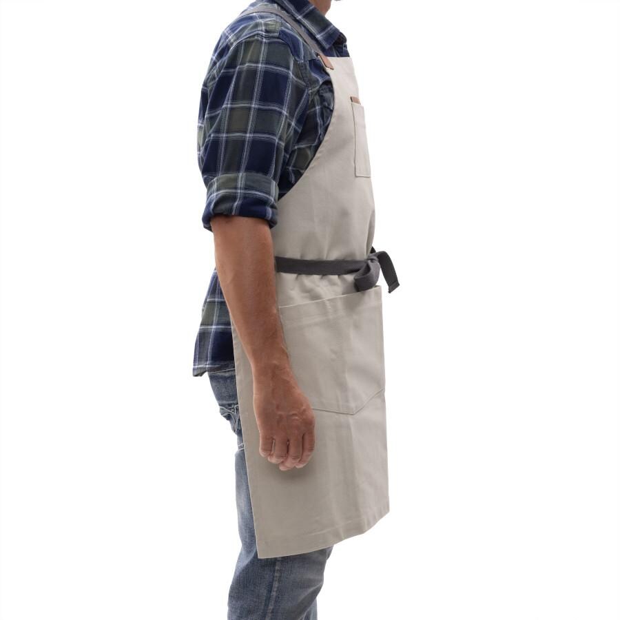 Barebones Living CKW-478 Chef Grilling Apron - Stone Side View With Straps Tied in Front thumbnail