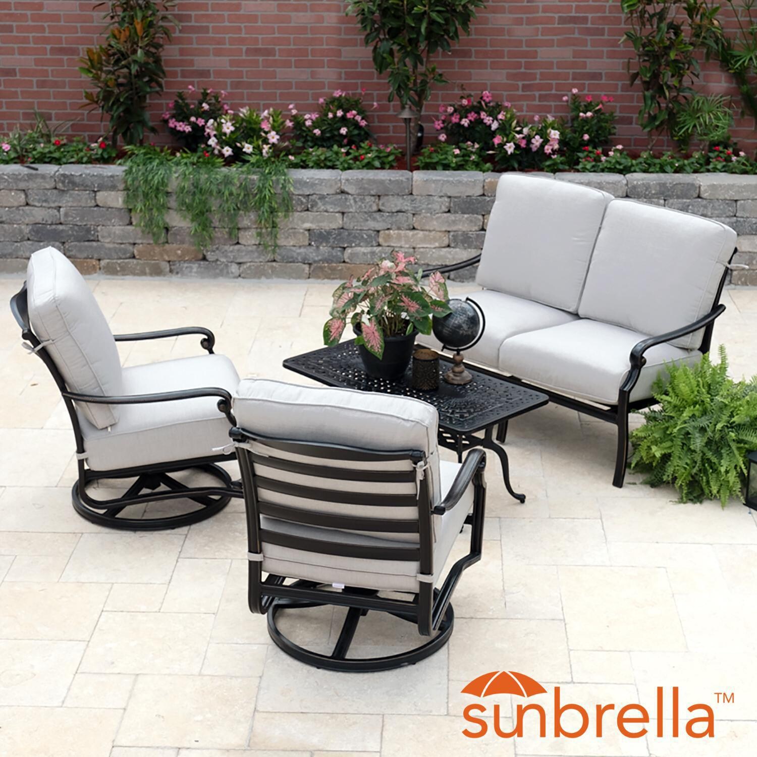 Du Monde 4 Piece Cast Aluminum Outdoor Conversation Set W 42 X 21 Inch Coffee Table Loveseat Swivel Rocker Club Chairs Silver Cushions By