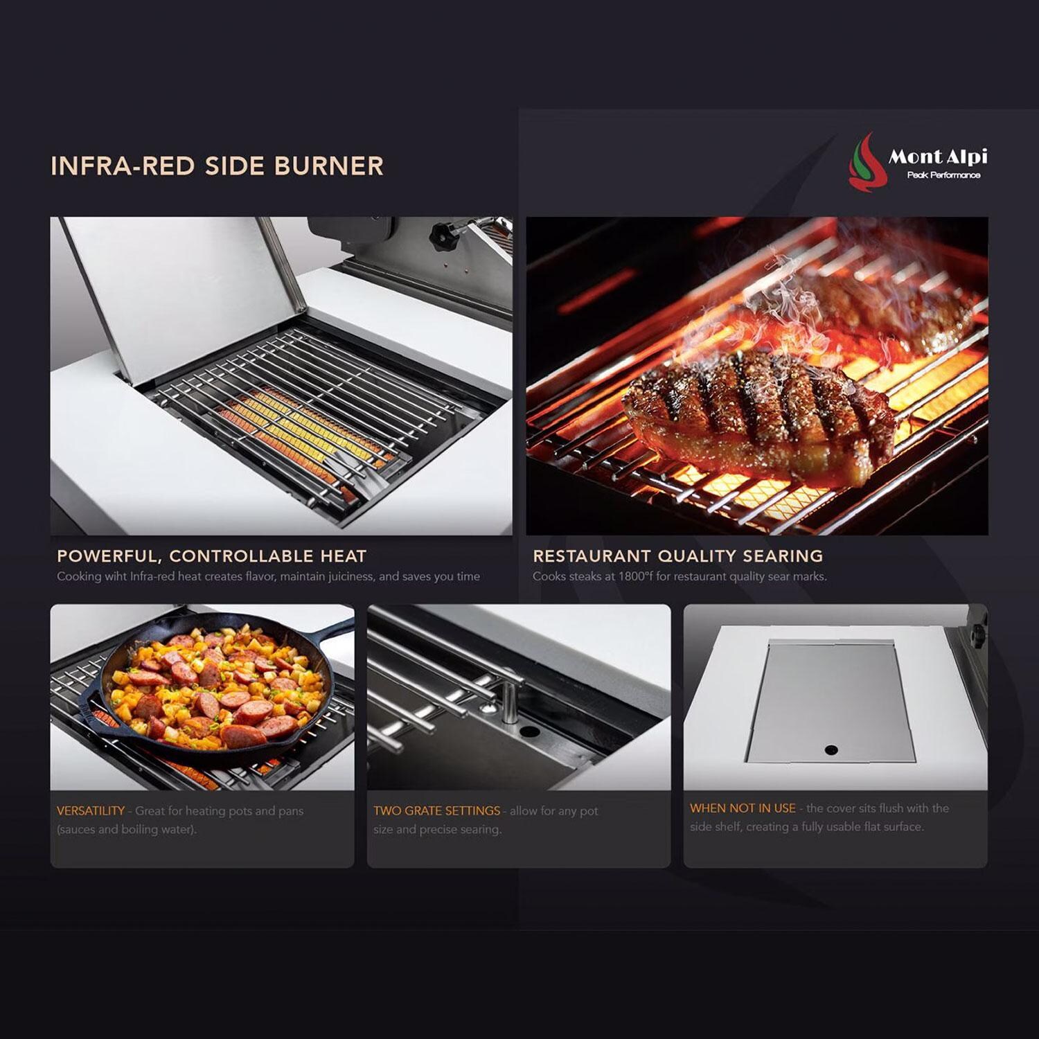 Mont Alpi Black Series 10 Ft Propane Outdoor Kitchen Island w/ Side Burner & Refrigerator - Infrared Side Burner Features - Detail thumbnail