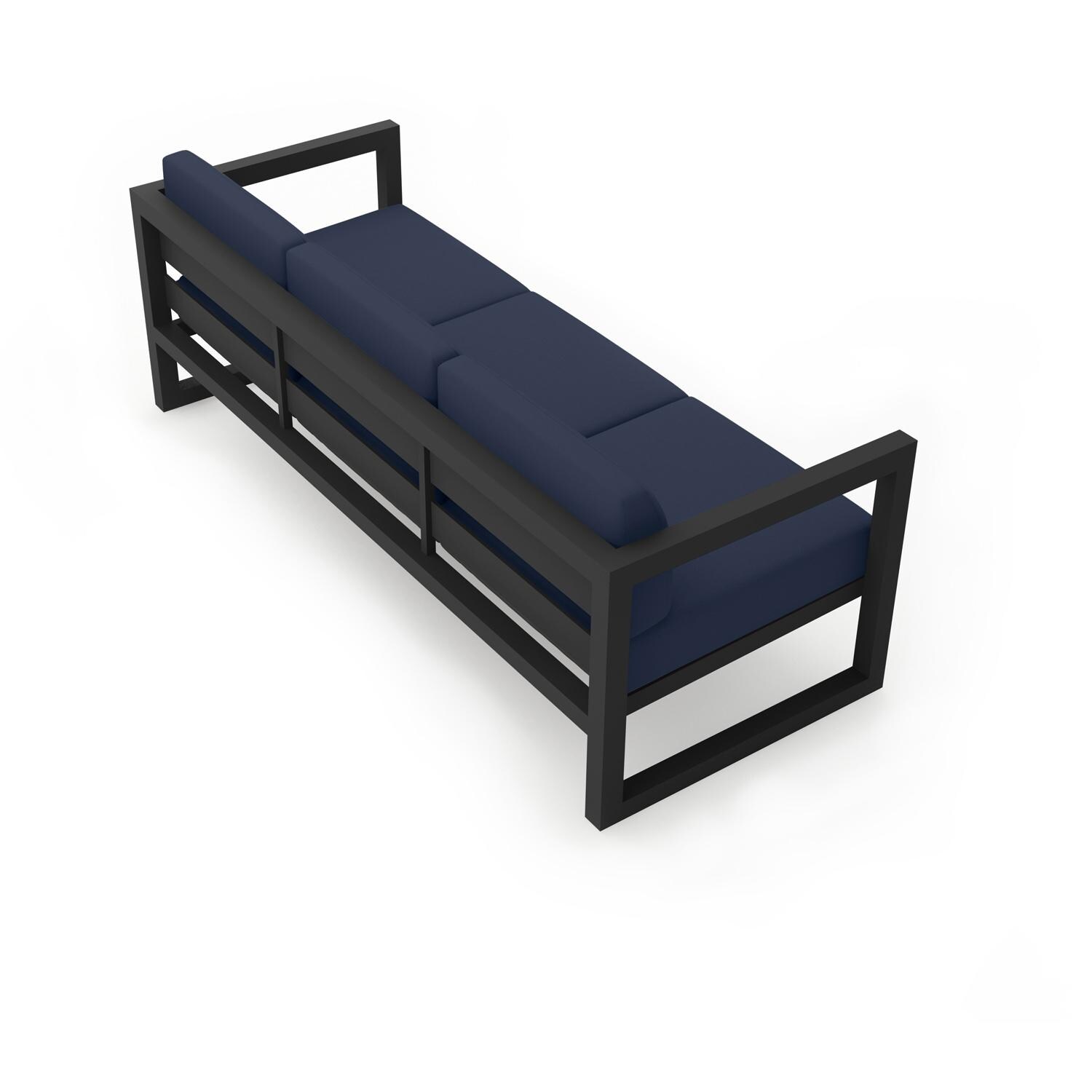 Lakeview  MSTYCV-BK-S-IN Misty Cove 3 Person Aluminum Sofa in Black w/Spectrum Indigo Cushions by Lakeview Outdoor Designs - Angled Back - White Background thumbnail