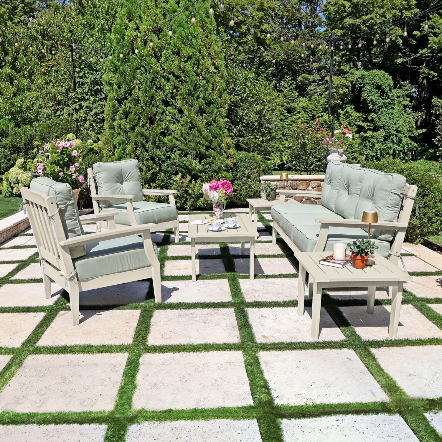 Blushing Bay 6 Pc Recycled Plastic Seating Set w/ Sofa in Canvas Seasalt/Whitewash by Lakeview Outdoor Designs - Side View - Lifestyle thumbnail