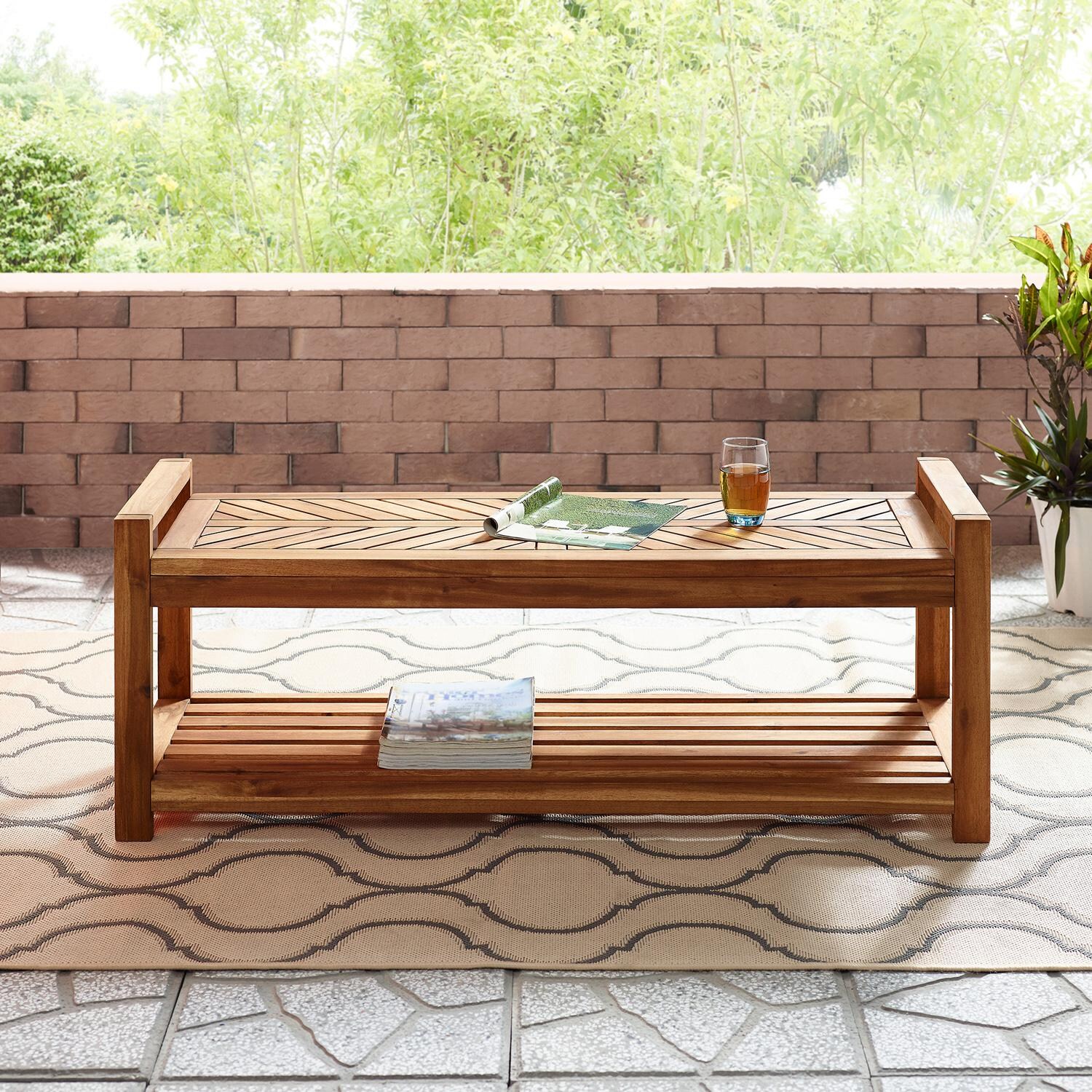 Walker Edison Vincent 48 Inch Acacia Patio Bench W/ Storage Shelf - Brown image